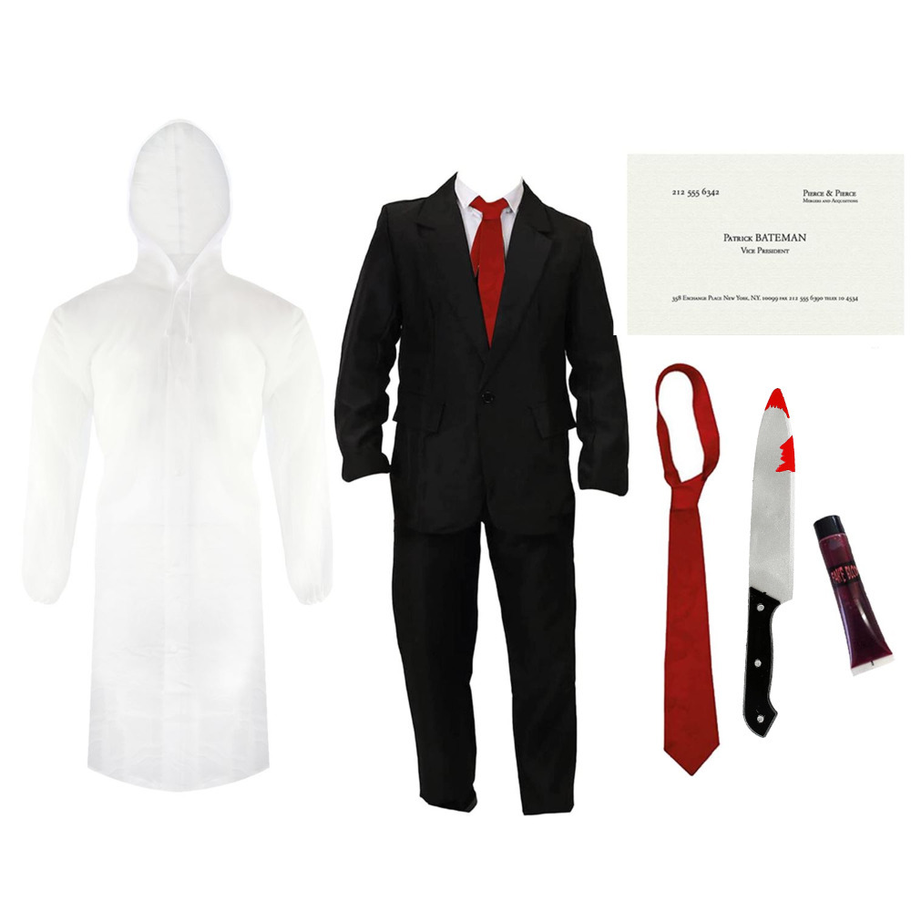 Adults Patrick Bateman Costume | 6 Pcs | Clear Jacket, Suit, Knife, Red Tie, Blood & Business Card