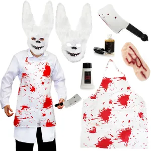 DELUXE WHITE RABBIT MASK, BLOODY APRON & CLEAVER HALLOWEEN FANCY DRESS COSTUME SET