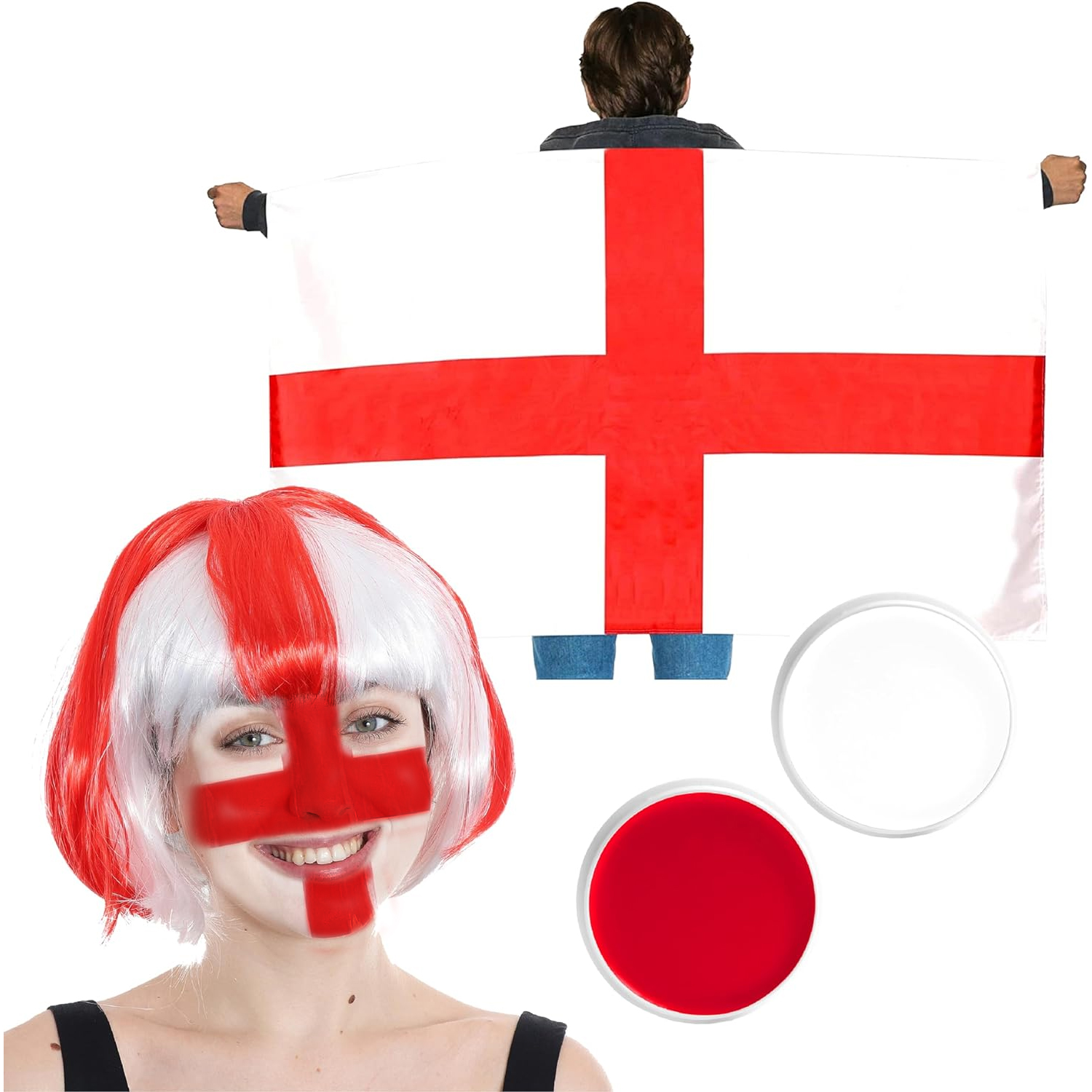 England Bob Wig, Flag Cape & Red and White Face Paint