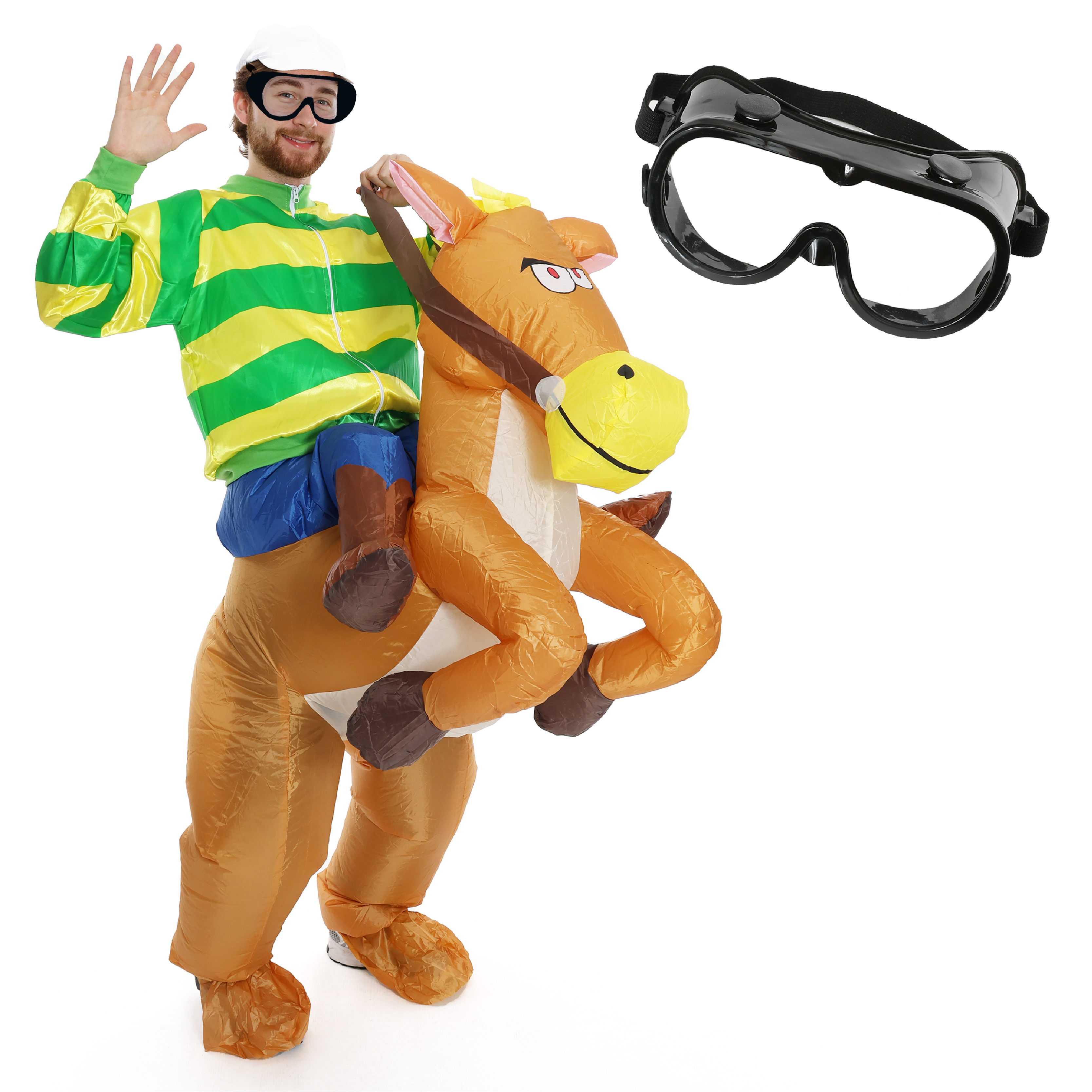 Adults Green & Yellow Jockey Costume - with Inflatable Horse & Black Goggles