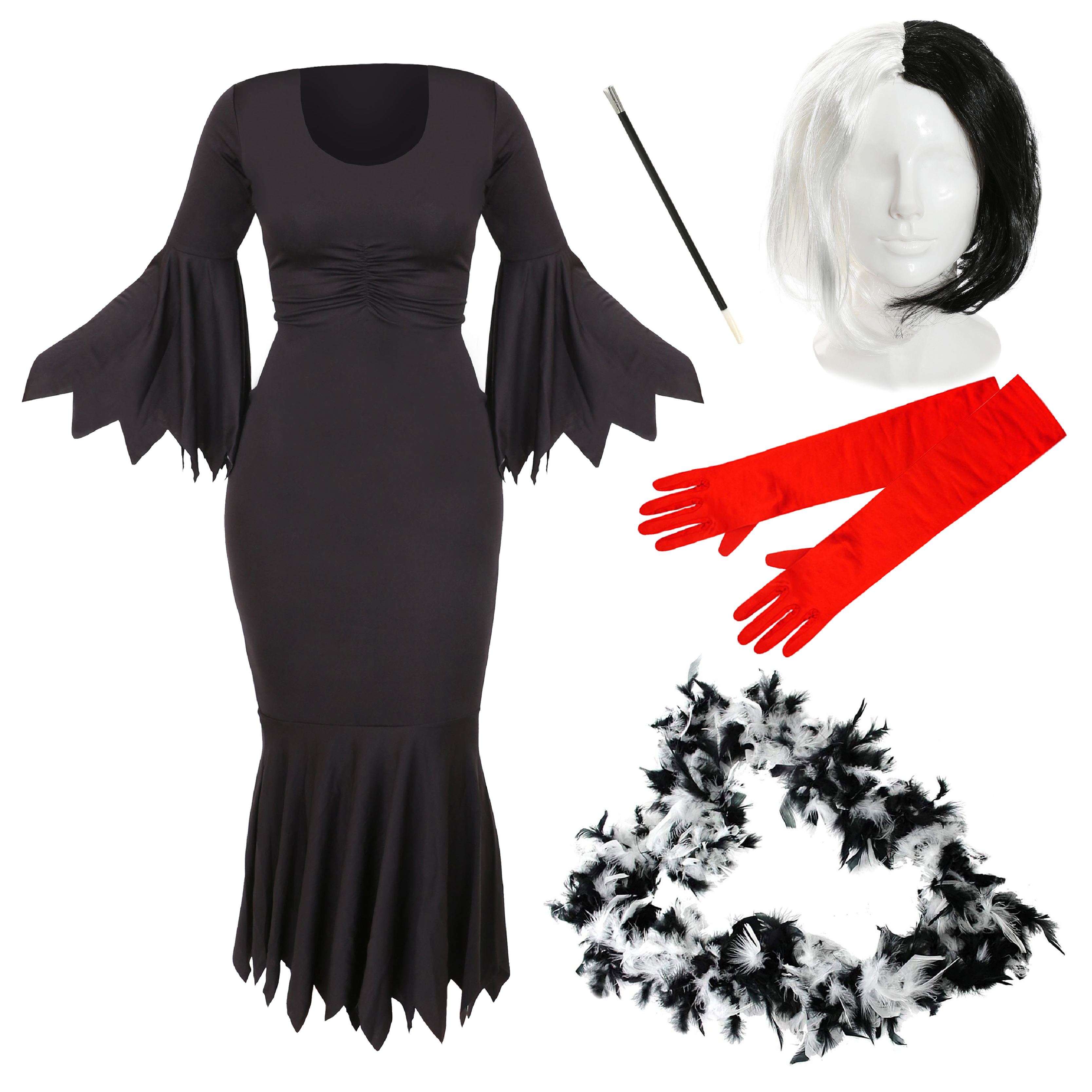 Adults Evil Dog Lady Costume - Bob Wig, Red Gloves, Feather Boa & Cig Holder