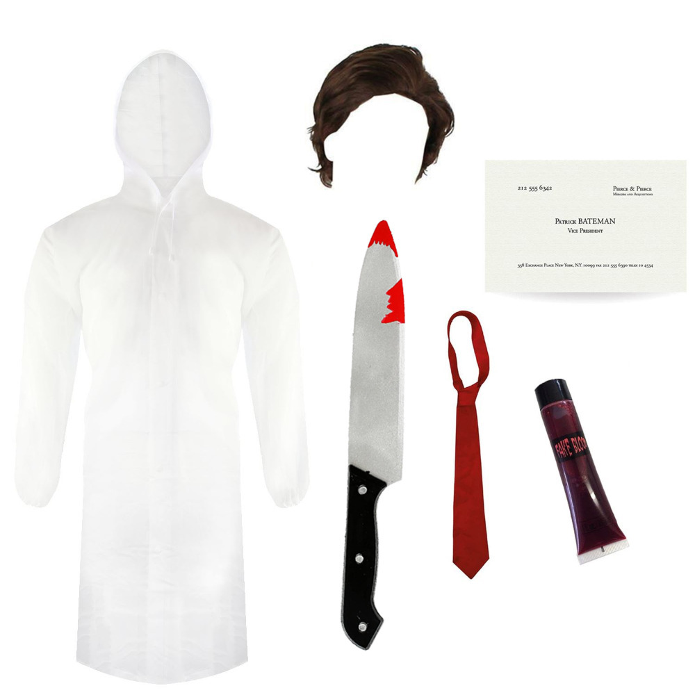 Adults Patrick Bateman Costume | 6 Pcs | Clear Jacket, Wig, Knife, Red Tie, Blood & Business Card