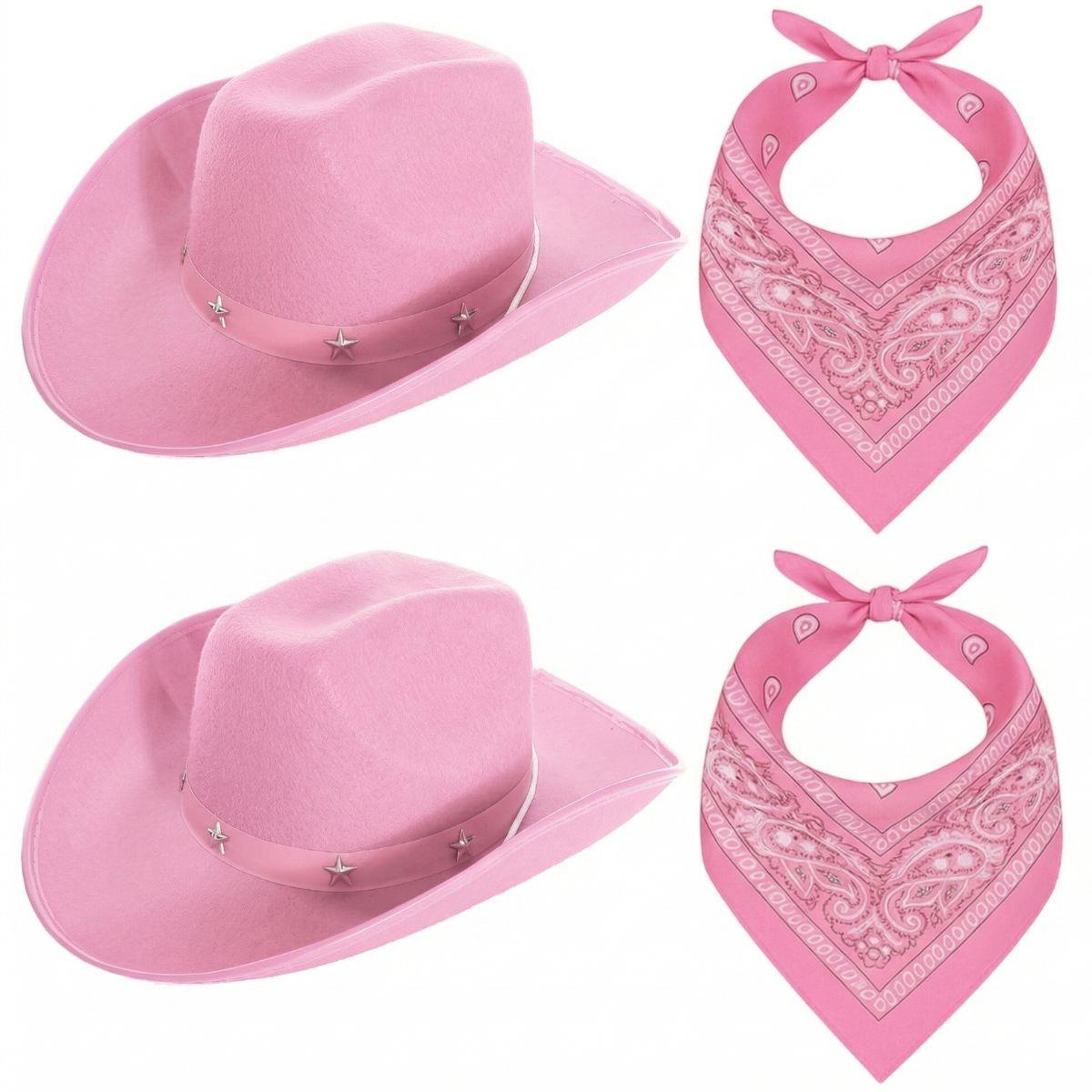 Adults Pink Star Studded Cowboy Hats with Pink Paisley Bandanas | Western Fancy Dress Accessory Set