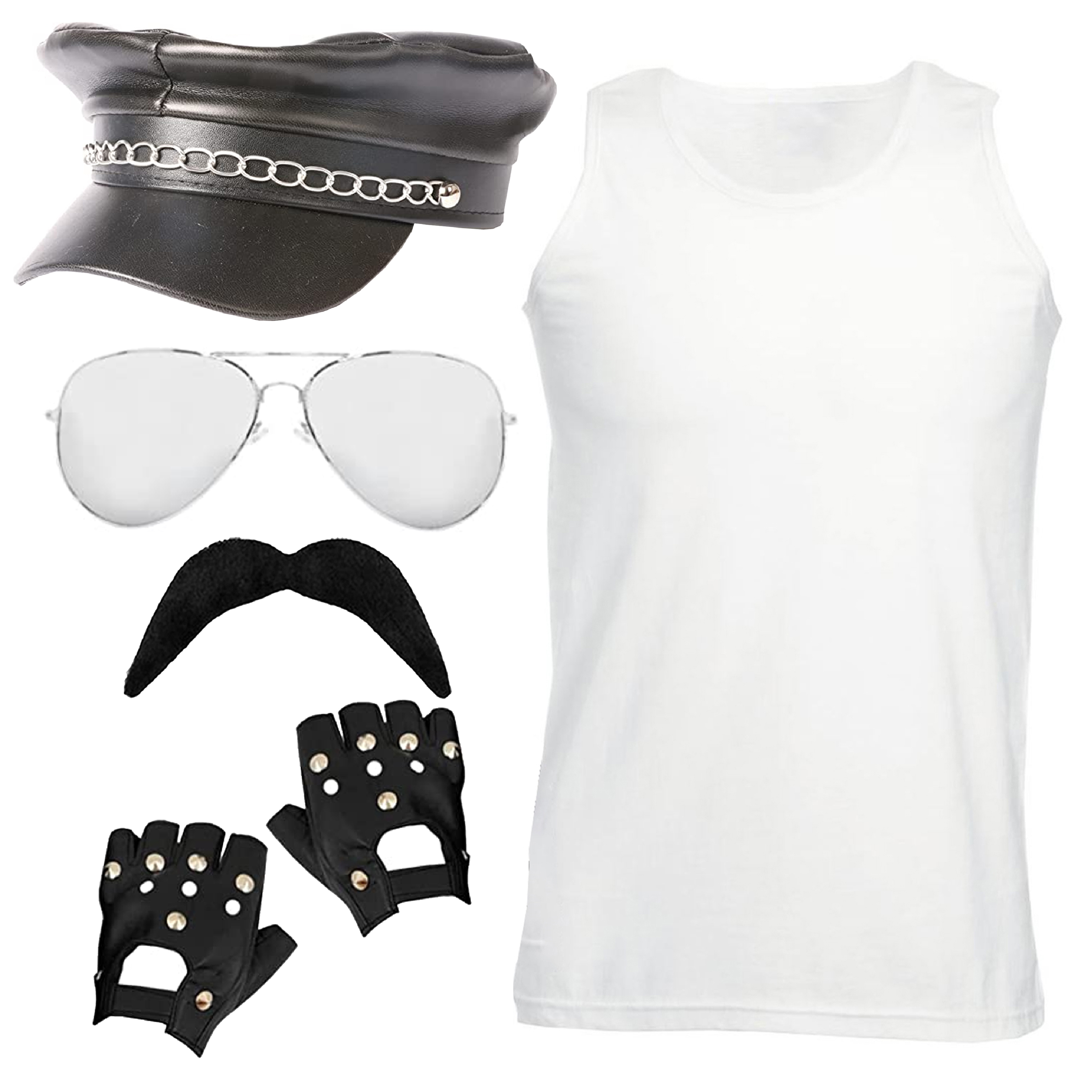 Adults 80's Rock Star Costume Set - Vest, Hat, Glasses, Moustache & Gloves
