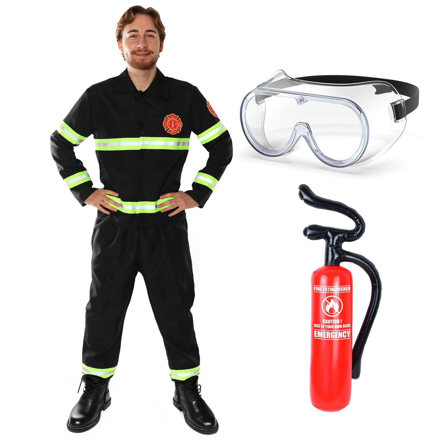 Adults Fireman Costume | 4 Pcs | Top, Trousers, Goggles & Inflatable Fire Extinguisher