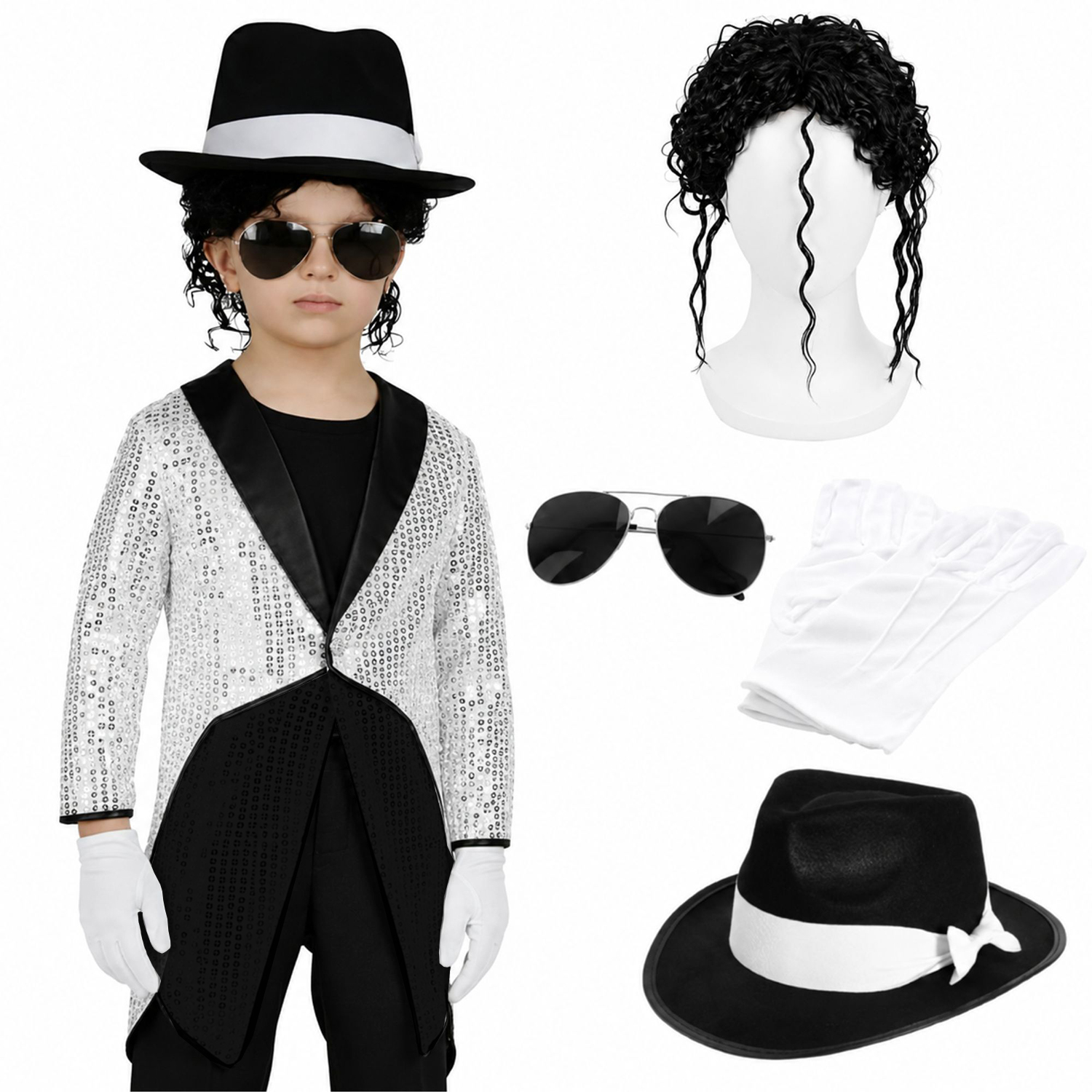 Childs King of Pop Costume | 5 Pcs | Silver Sequin Tailcoat, Hat, Wig, Glasses & Gloves