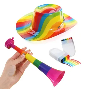 Rainbow Pride Celebration Set – Plastic Cowboy Hat, Extendable Vuvuzela & Rainbow Face Paint Stick