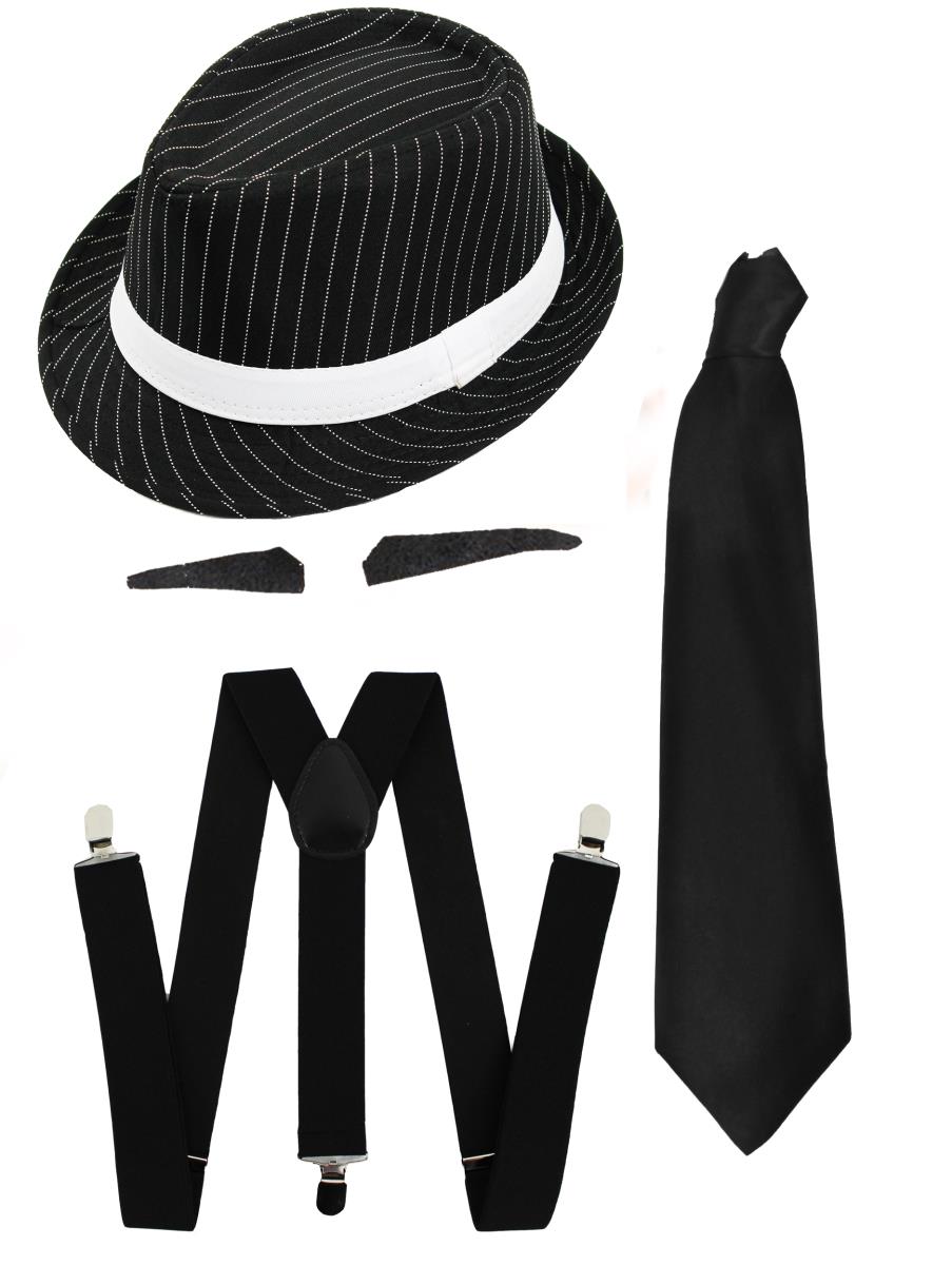 Adults Gangster Fancy Dress Costume 1920s Mob Boss - Black Pinstripe Trilby Hat + Tash + Black Tie + Black Braces