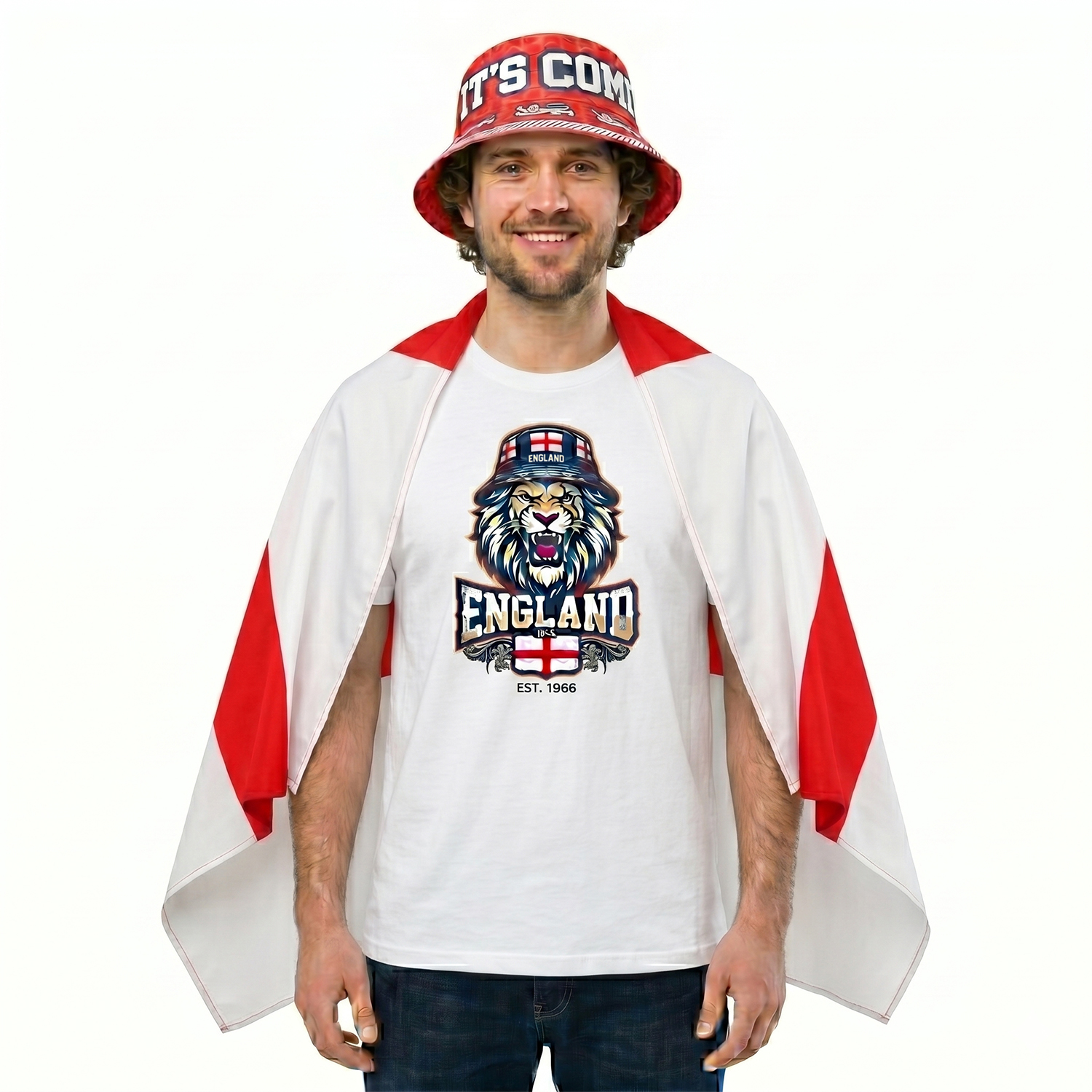 Adults White England Lion Bucket Hat T-Shirt, Bucket Hat & Flag Cape Set | Football Supporter Graphic Tee