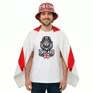 Adults White England Lion Bucket Hat T-Shirt, Bucket Hat & Flag Cape Set | Football Supporter Graphic Tee