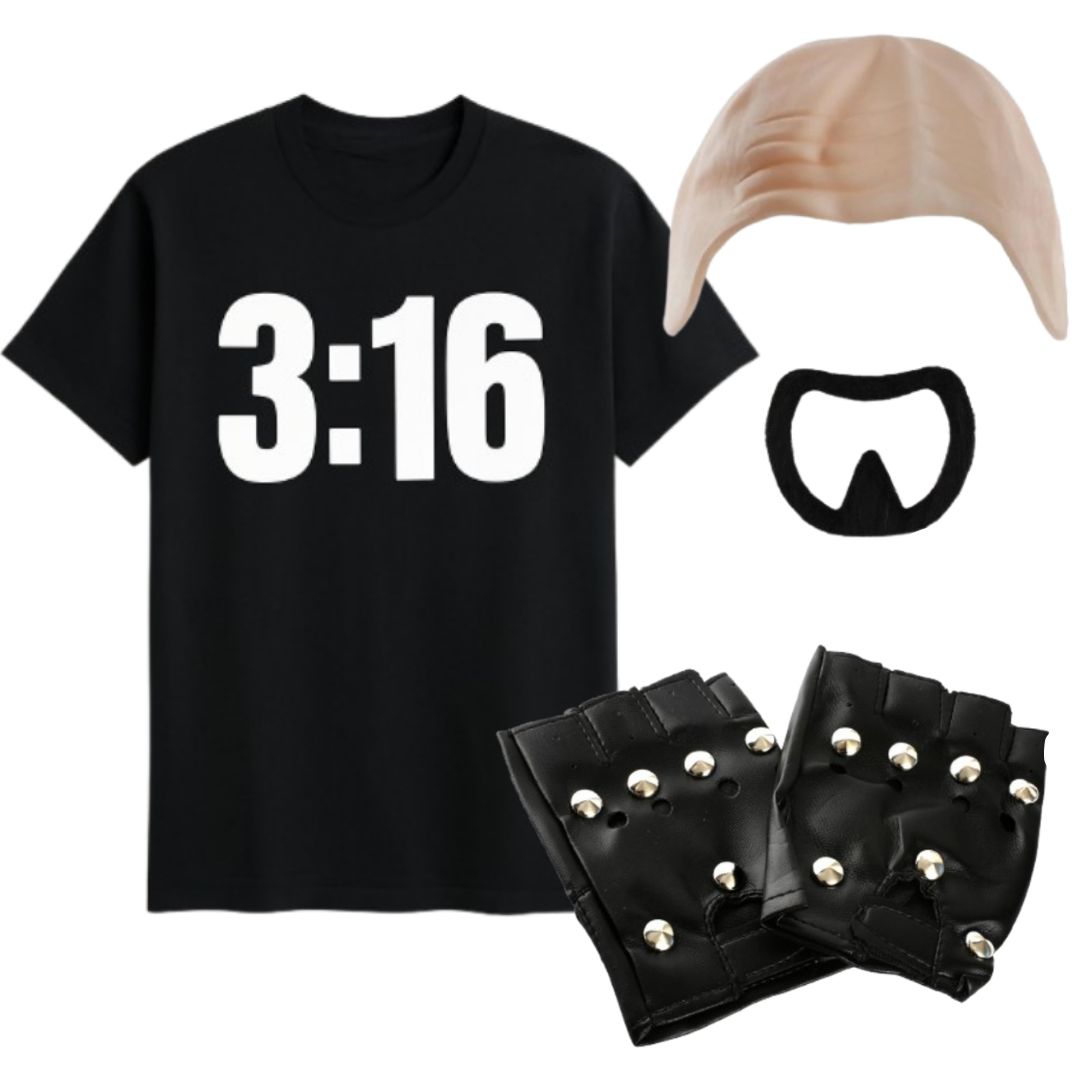 Adults Stone Cold Steve Austin Costume | 4 Pcs | T-Shirt, Bald Cap, Gloves & Goatee