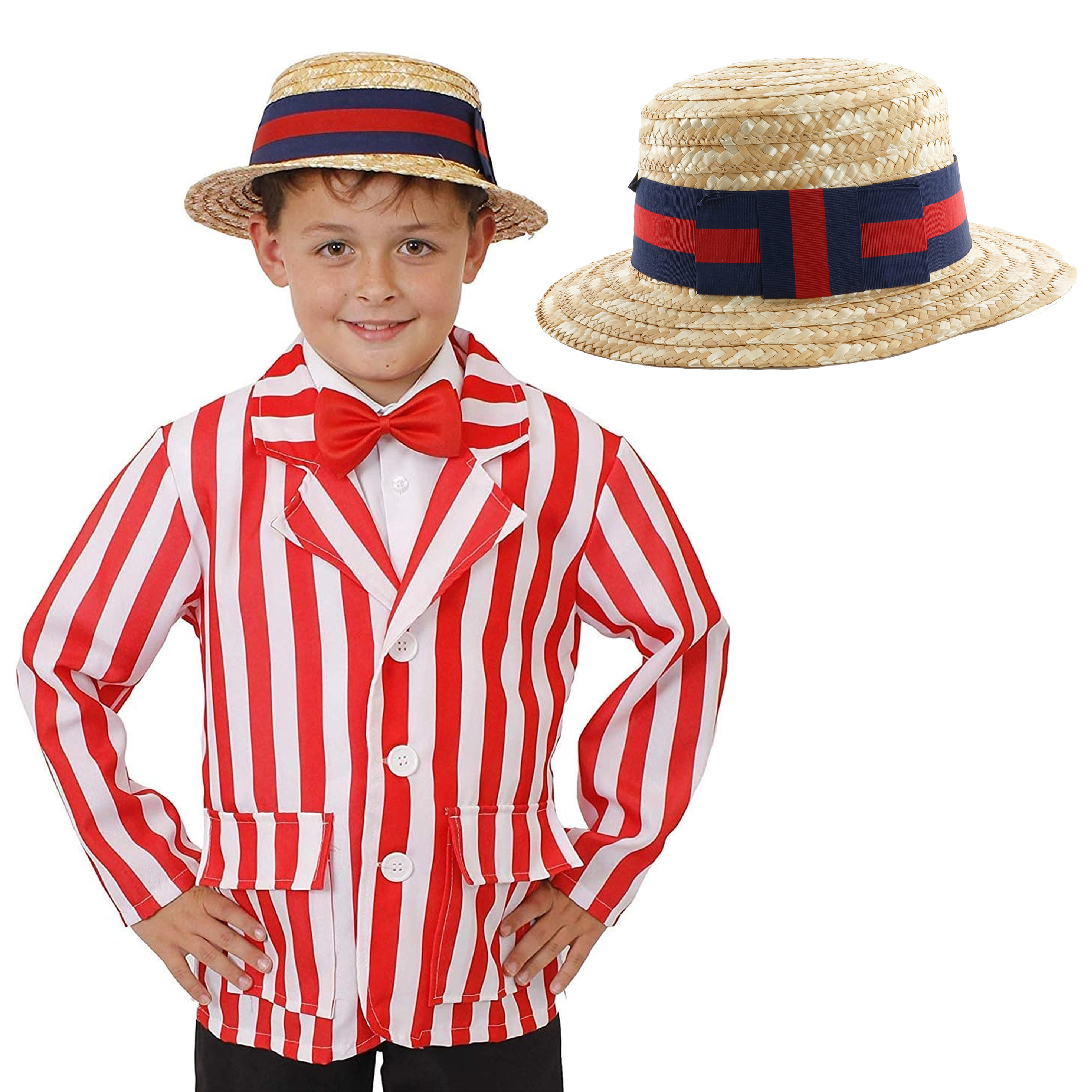 Kids Barbershop Costume - Red and White Striped Blazer + Straw Boater Hat