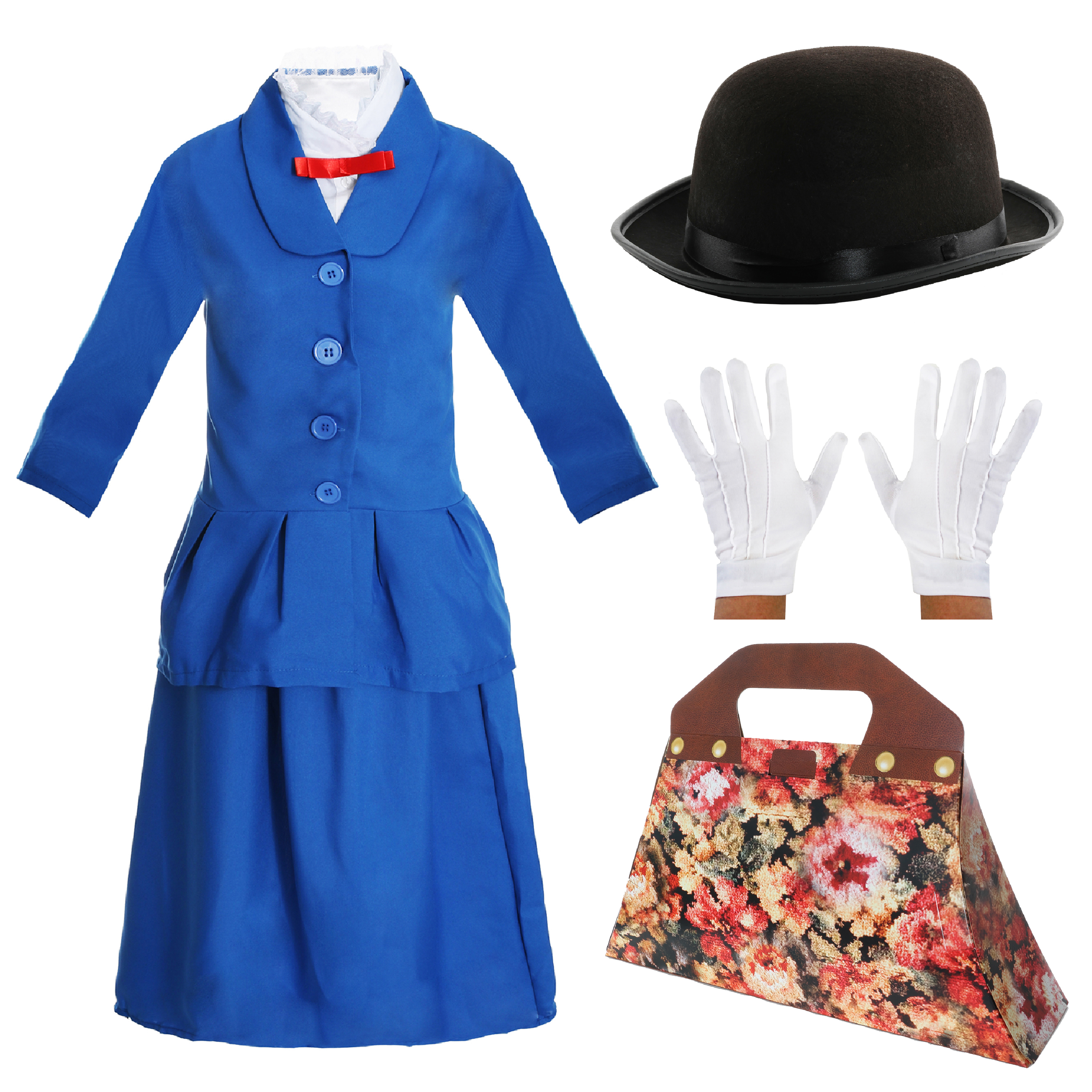 Girls Magical Nanny Costume - with Plain Bowler Hat, White Gloves & Cardboard Floral Bag