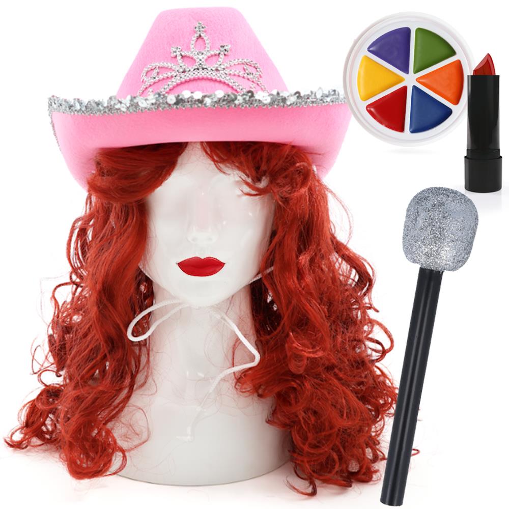 Pink Cowgirl Party Club Set | 5 Pcs | Cowboy Hat, Wig, Mic, Face Paint & Lipstick