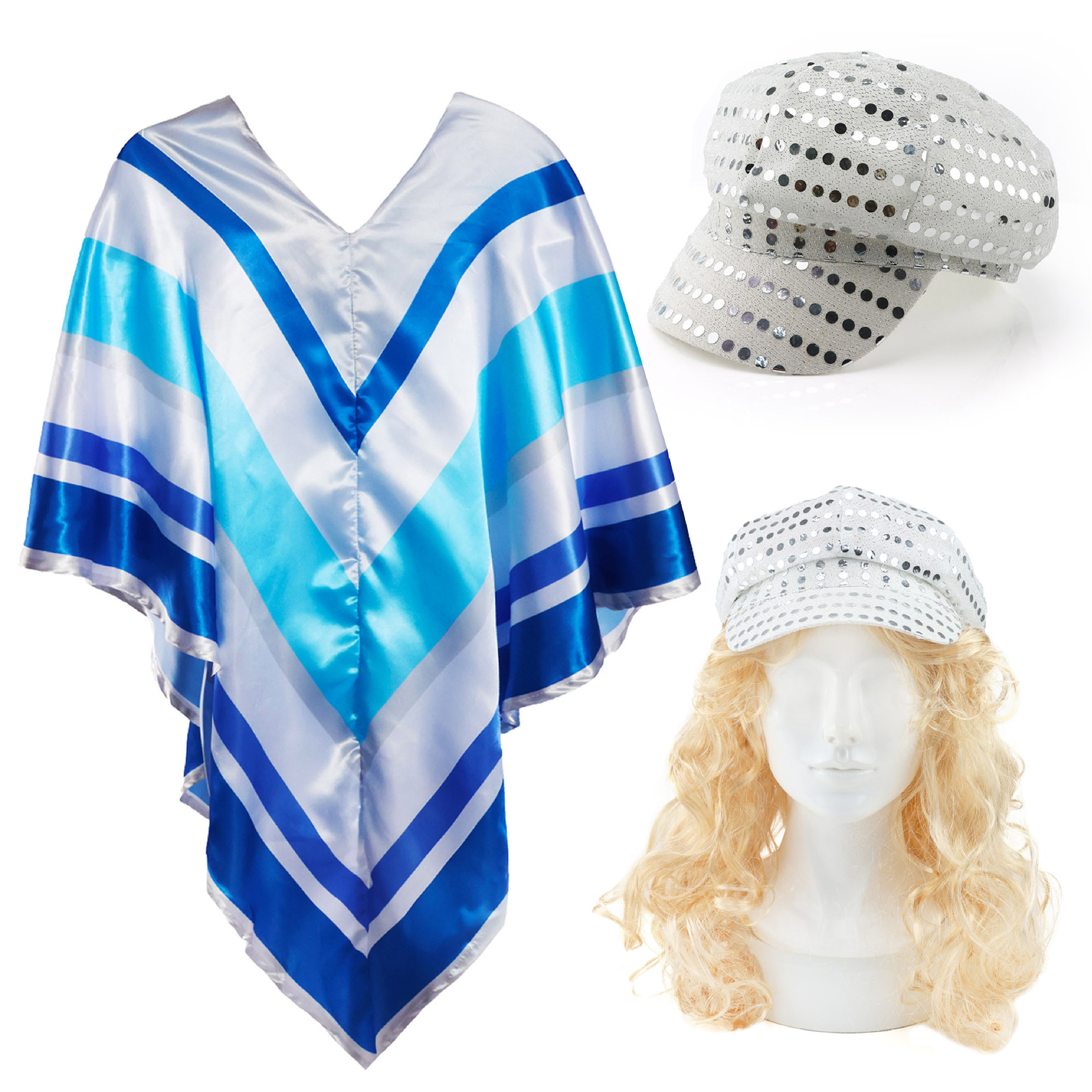 Adults 70's Poncho Costume | 3 Pcs | Poncho, Silver Sequin Hat & Blonde Flick Wig