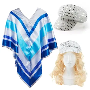 Adults 70's Poncho Costume | 3 Pcs | Poncho, Silver Sequin Hat & Blonde Flick Wig