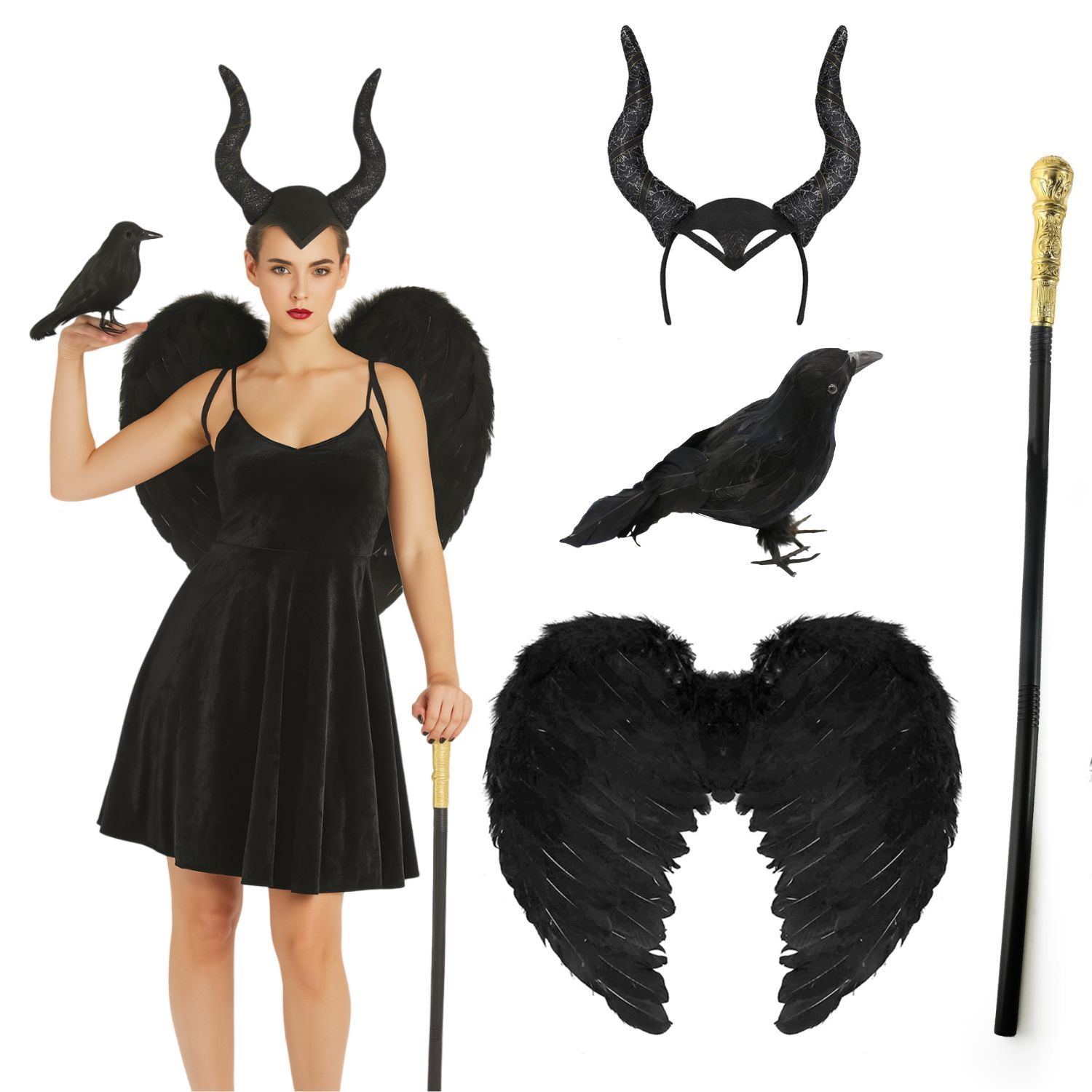 Ladies Dark Fairy Costume Set | 4 Pcs | Wings, Horns, Cane & Crow