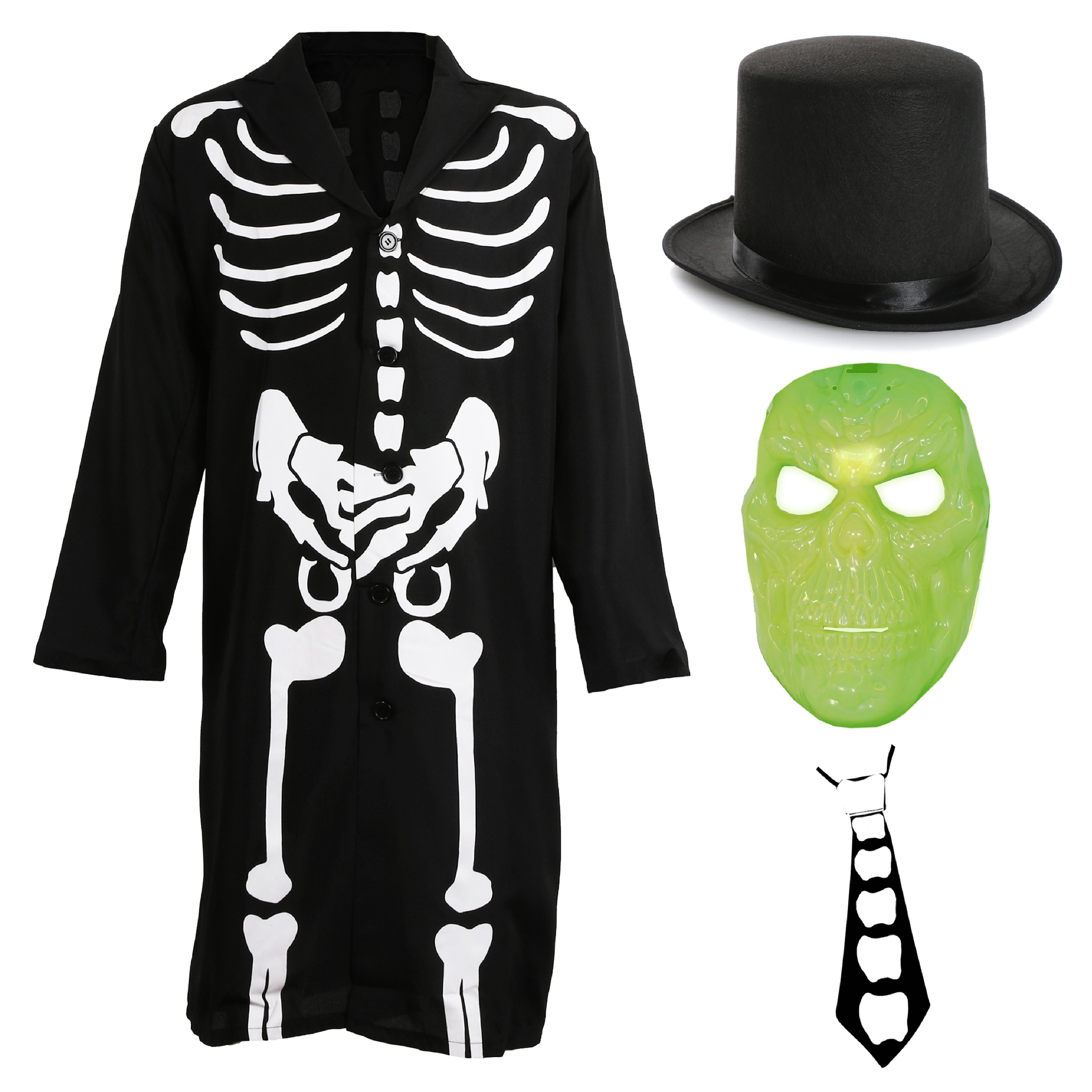 Adults Skeleton Costume - with Glow in the Dark Mask & Top Hat