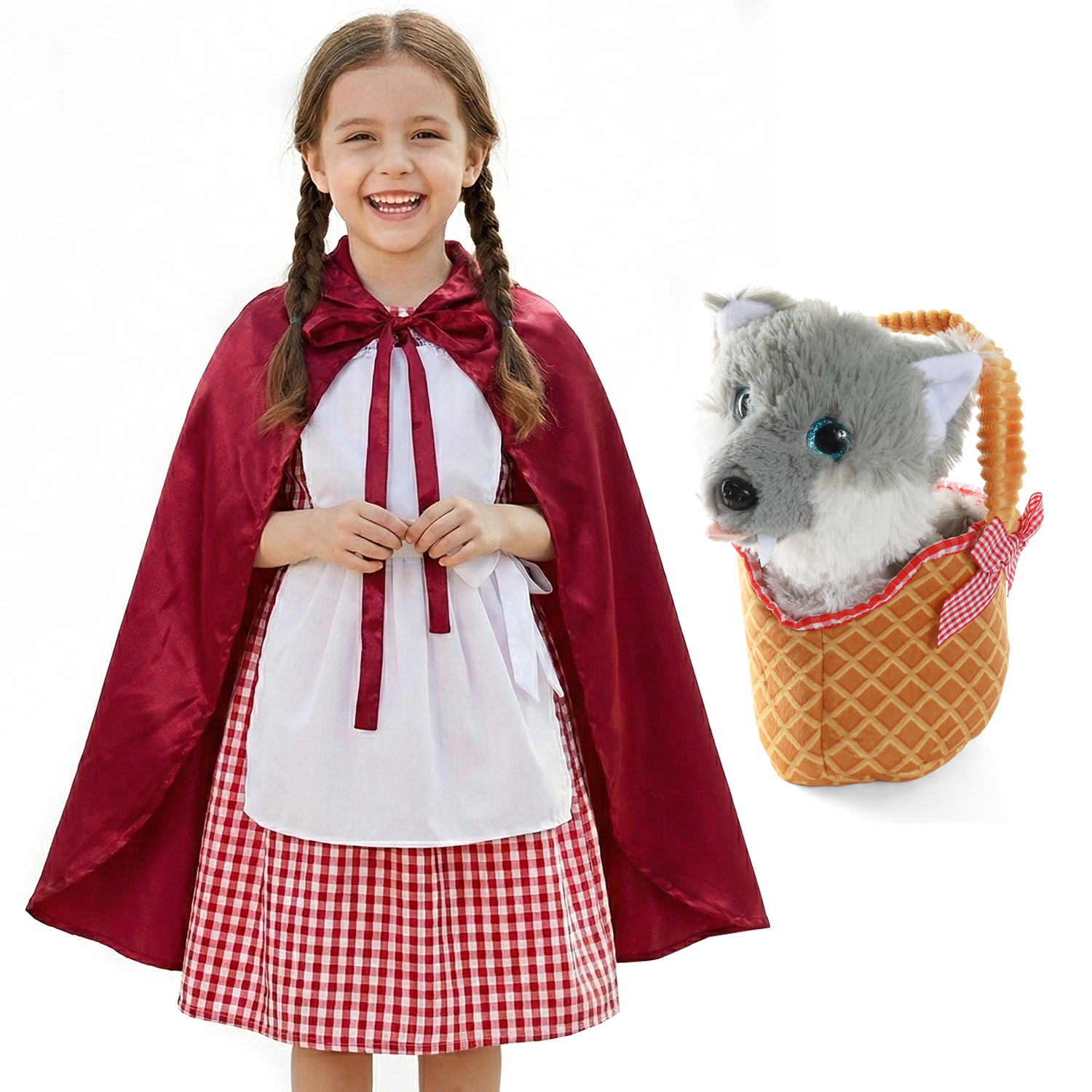 Girls Little Red Riding Hood Costume | 5 Pcs | Dress, Apron, Cape, Soft Basket & Wolf