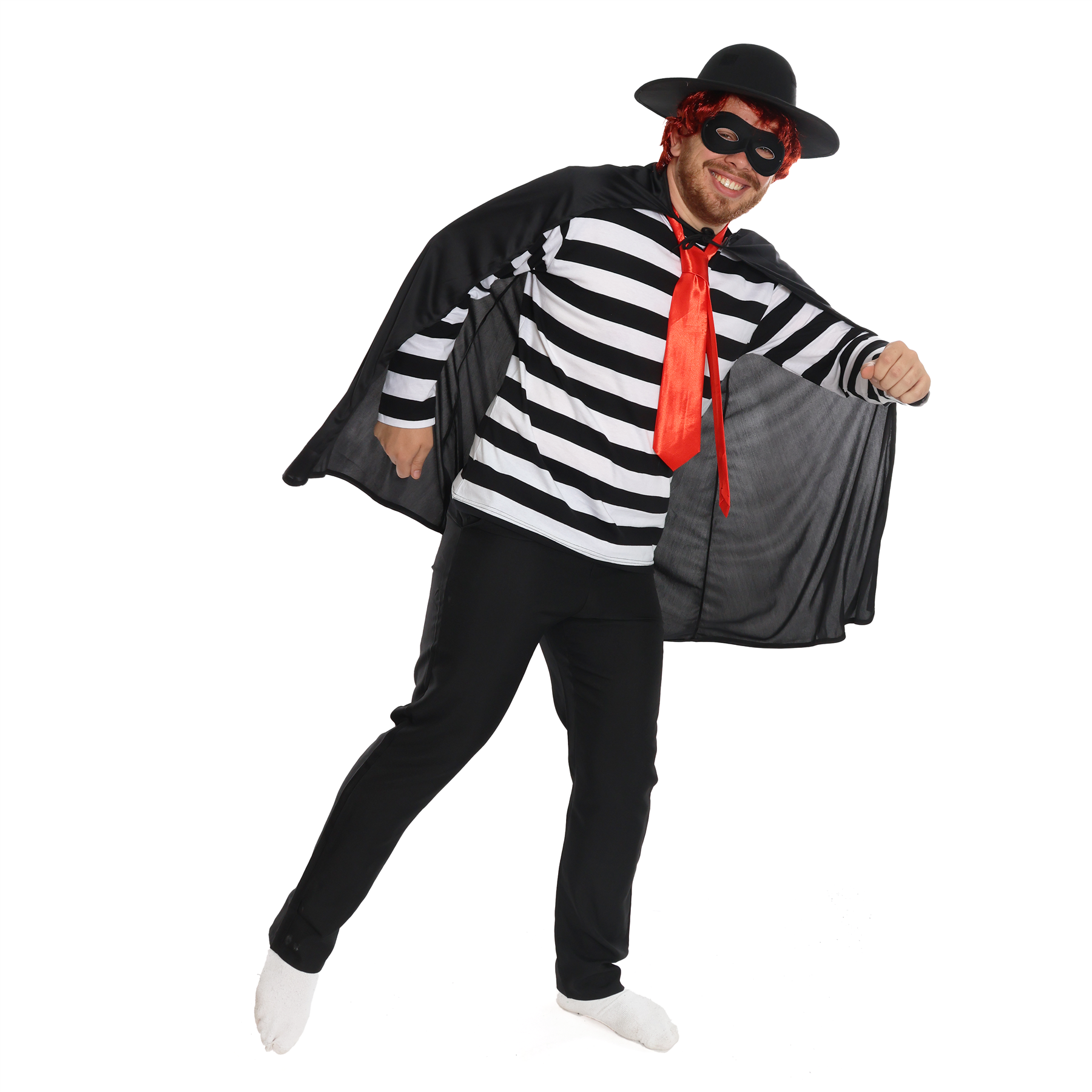 Adults Burger Burglar Costume | 6 Pcs | Striped Top, Eye Mask, Hat, Tie, Wig & Black Cape