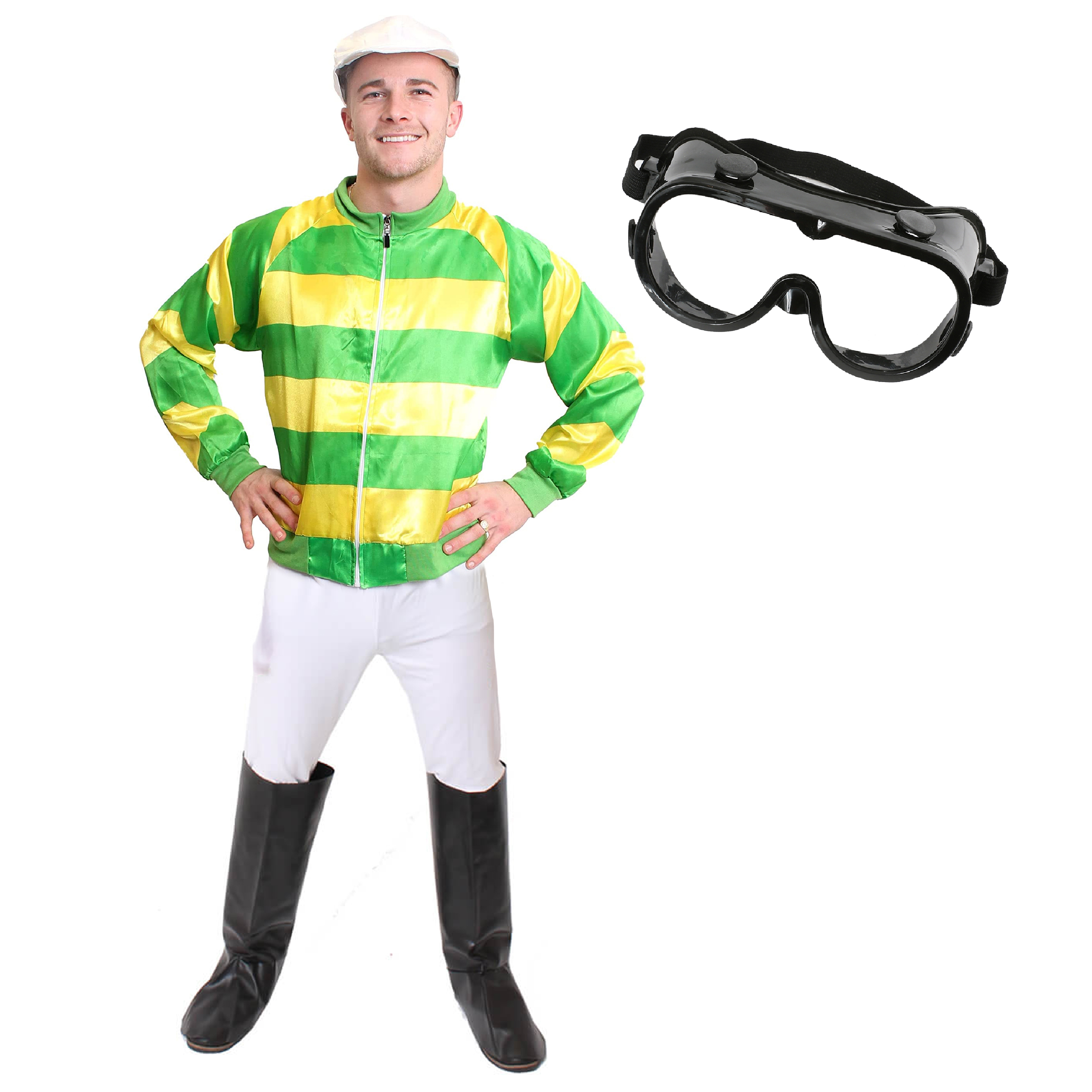 Adults Green & Yellow Jockey Costume - with White Trousers, Boot Covers & Black Goggles