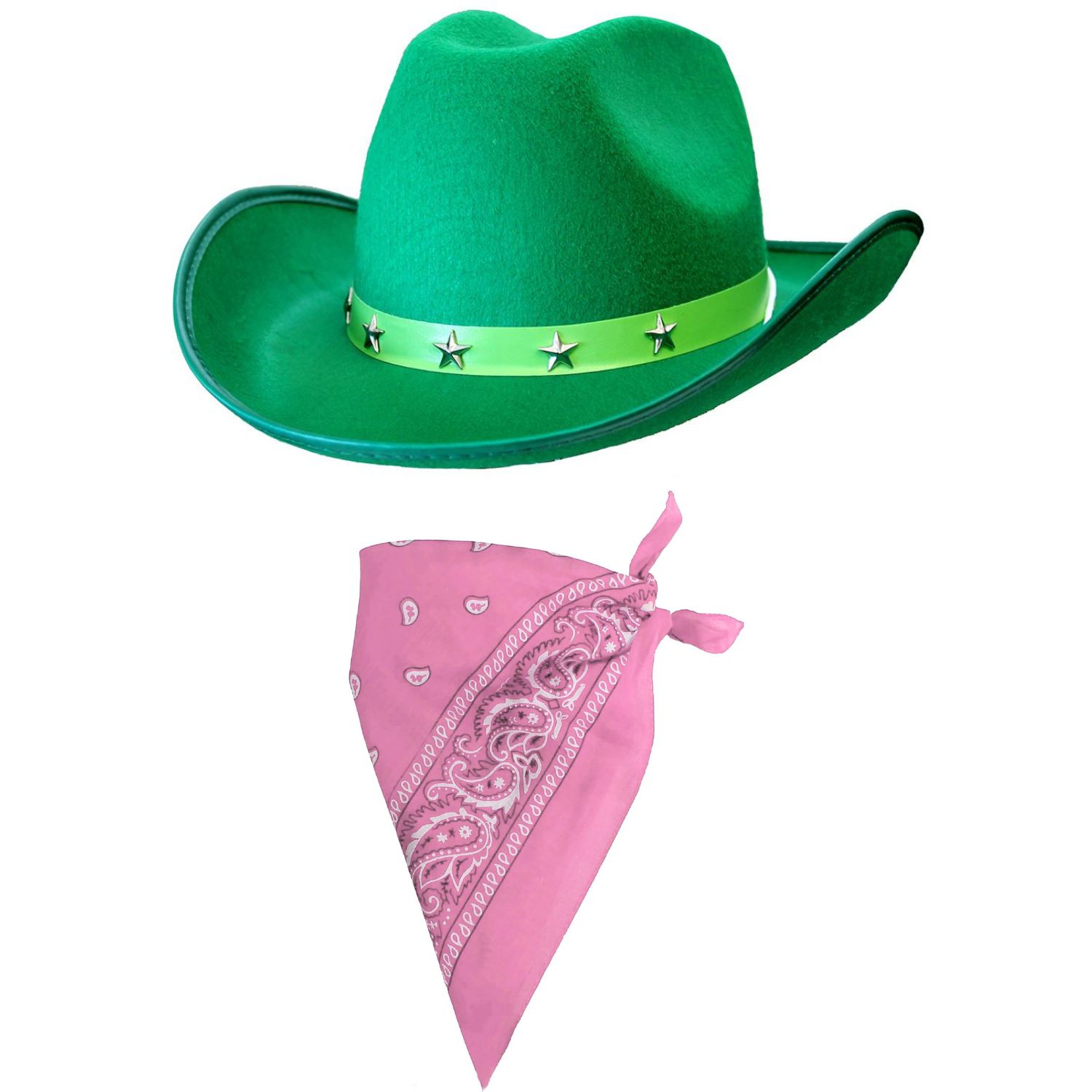 Green Star Studded Cowboy Hat & Paisley Pink Bandana