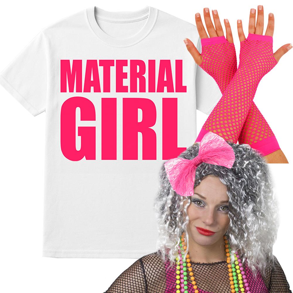 Ladies Material Girl Costume – Printed T-shirt, Gloves & Pink Headband