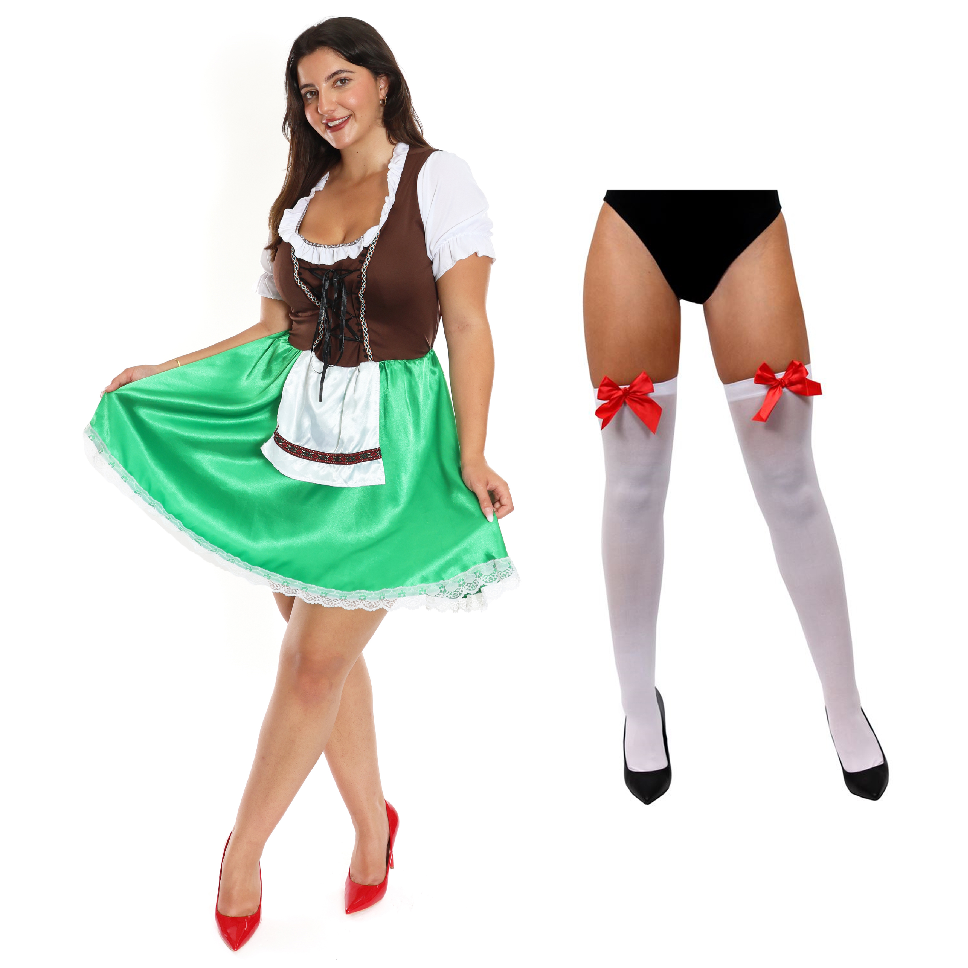 Ladies Green & Brown Bavarian Dress with Bow Stockings