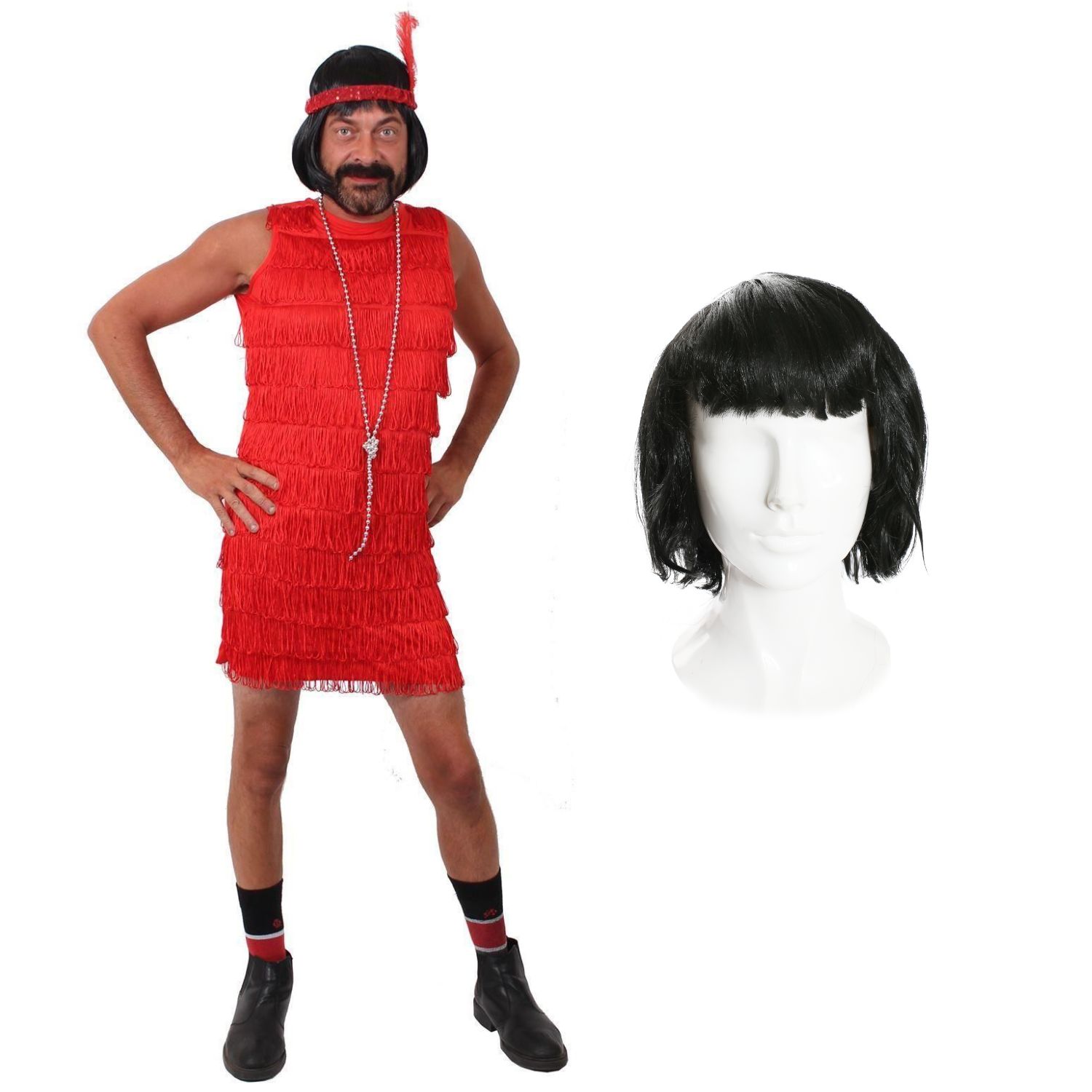 Men's Red Flapper Stag Do Costume with Wig