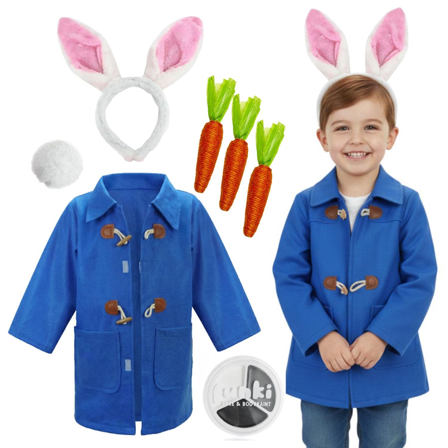 Kids Mischievous Rabbit Costume | 5 Pcs | Blue Jacket, Ears, Tail, Grey Face Paint & Carrots
