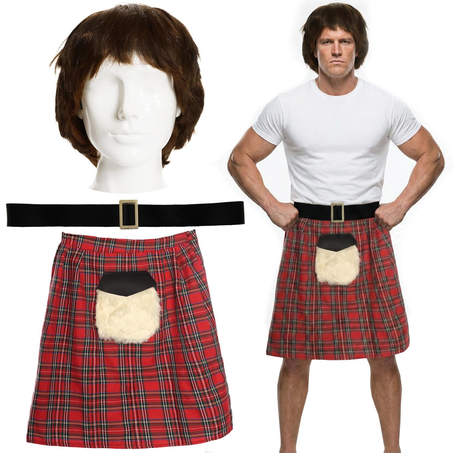 Men's Rowdy Wrestler Costume | 3 Pcs | Kilt, Wig & Belt