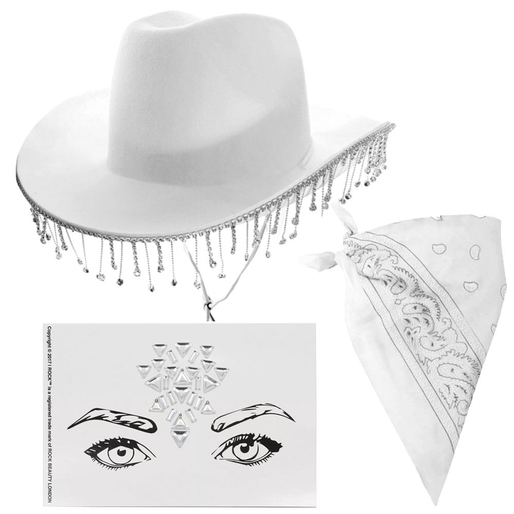 Western Cowboy Accessory Set - White Hat with Diamantes, Face Gems & Bandana