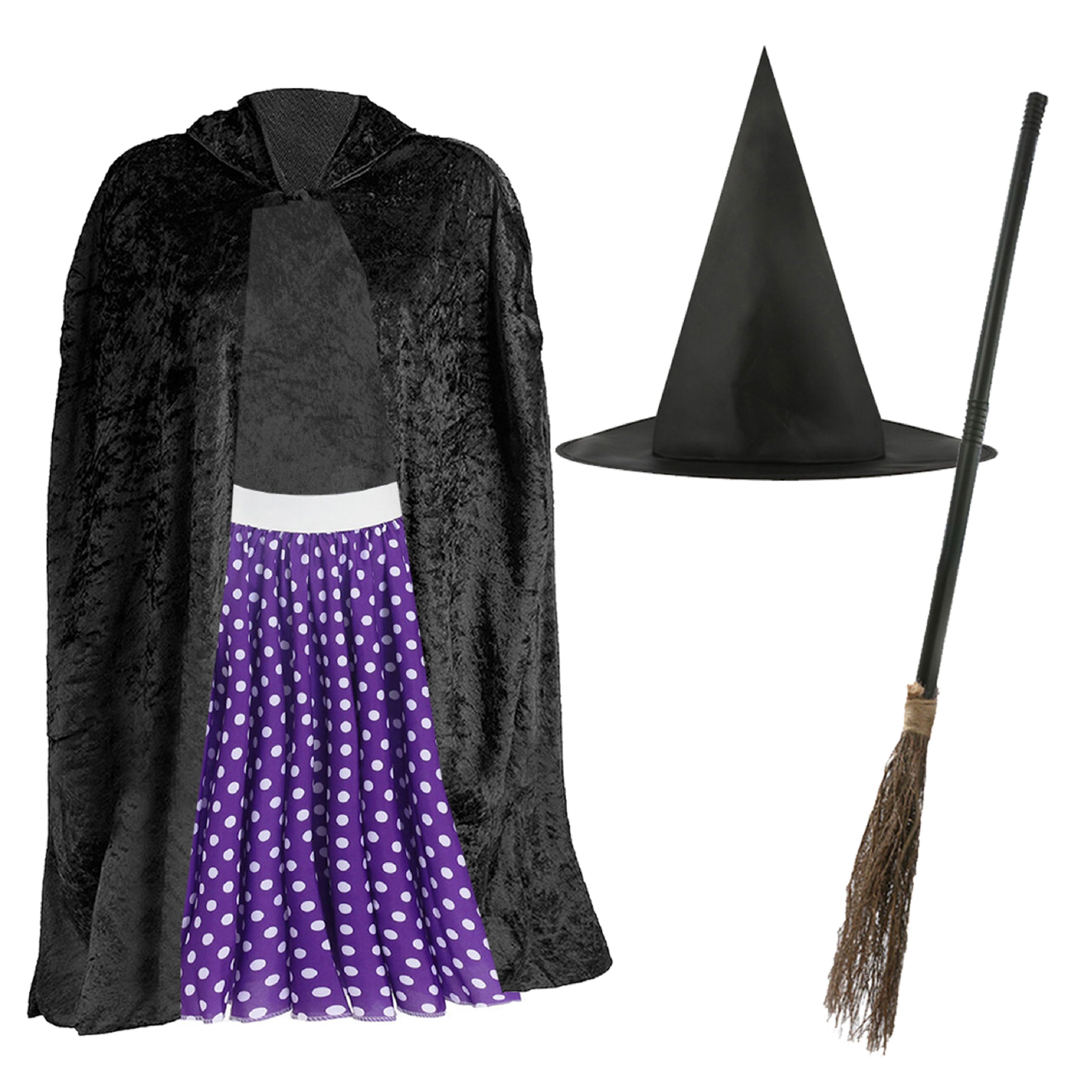 Child's Kind Witch Costume | 4 Pcs | Skirt, Cape, Hat & Broom