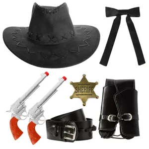 Adults Sheriff Accessory Set | 5 Pcs | Black Suede Hat, Plastic Pistols, Gun Holster, Gold Badge & Western Tie