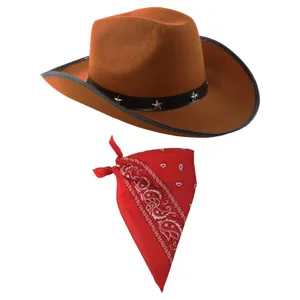Brown Star Studded Cowboy Hat & Red Paisley Bandana