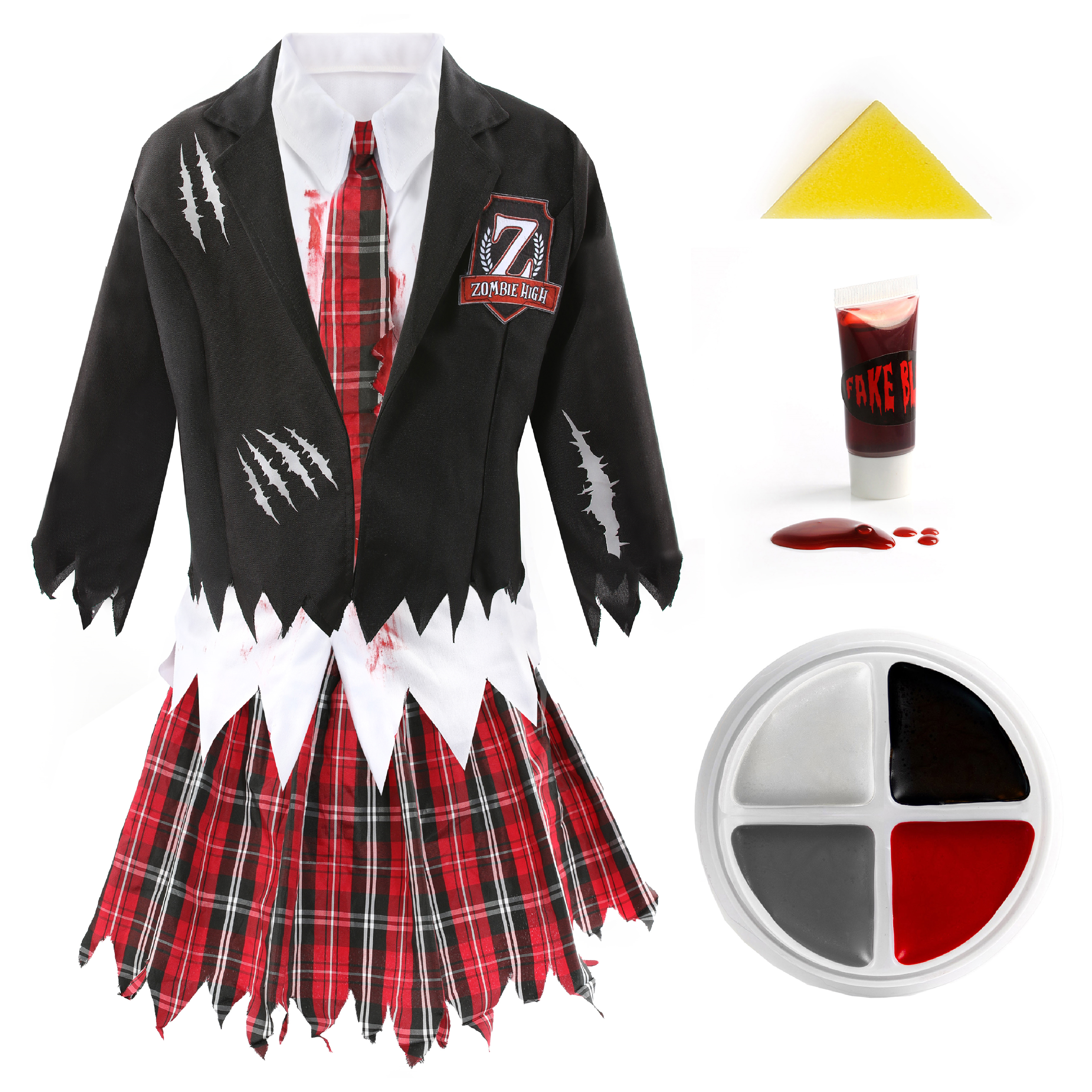 Girls Zombie Schoolgirl Halloween Costume With Facepaint & Blood