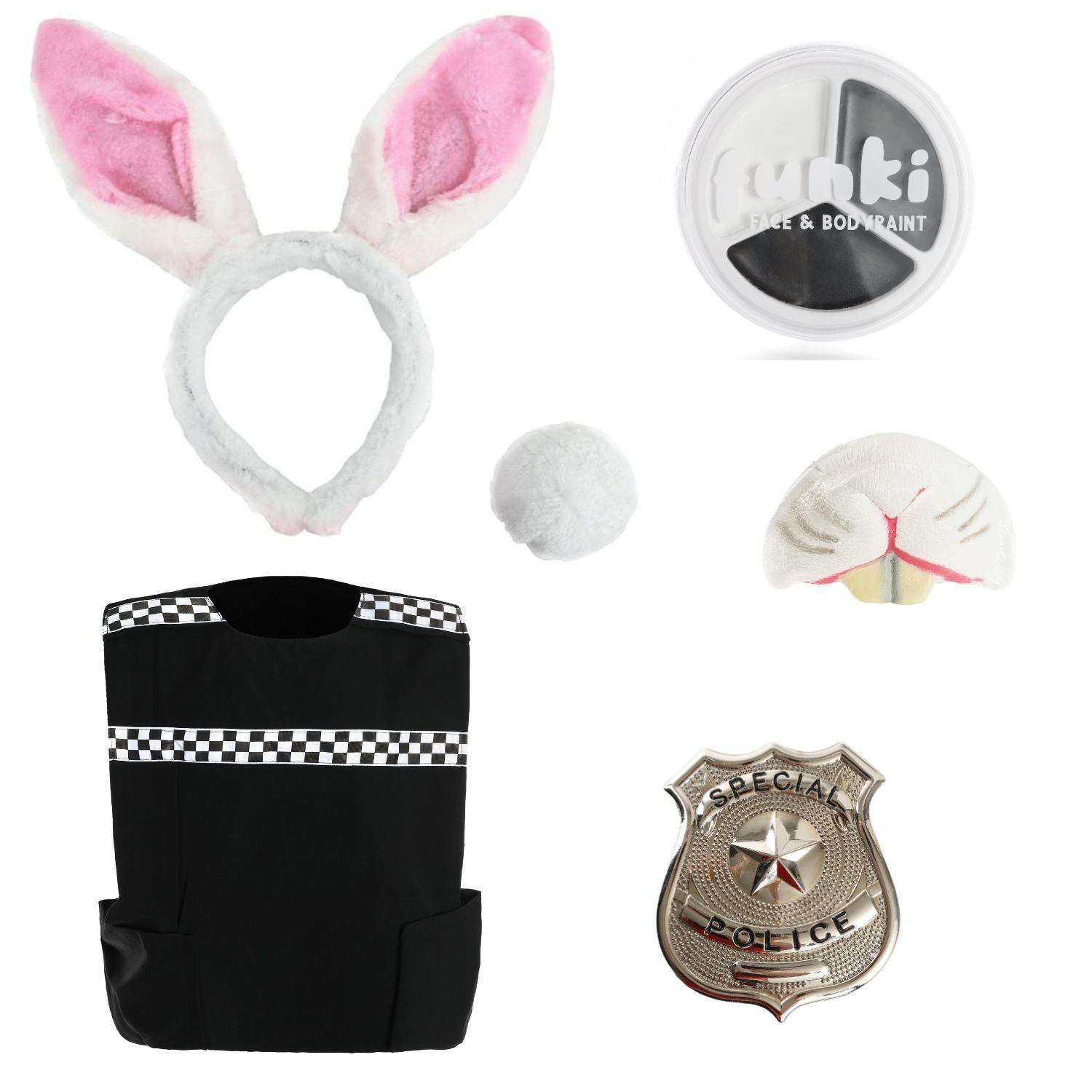 Adults Judy Rabbit Costume | 6 Pcs | Bunny Ears, Tail, Police Vest, Badge, Nose & Face Paint