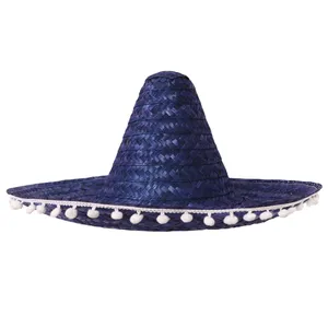 Blue Mexican Sombrero with Pom Pom Edging
