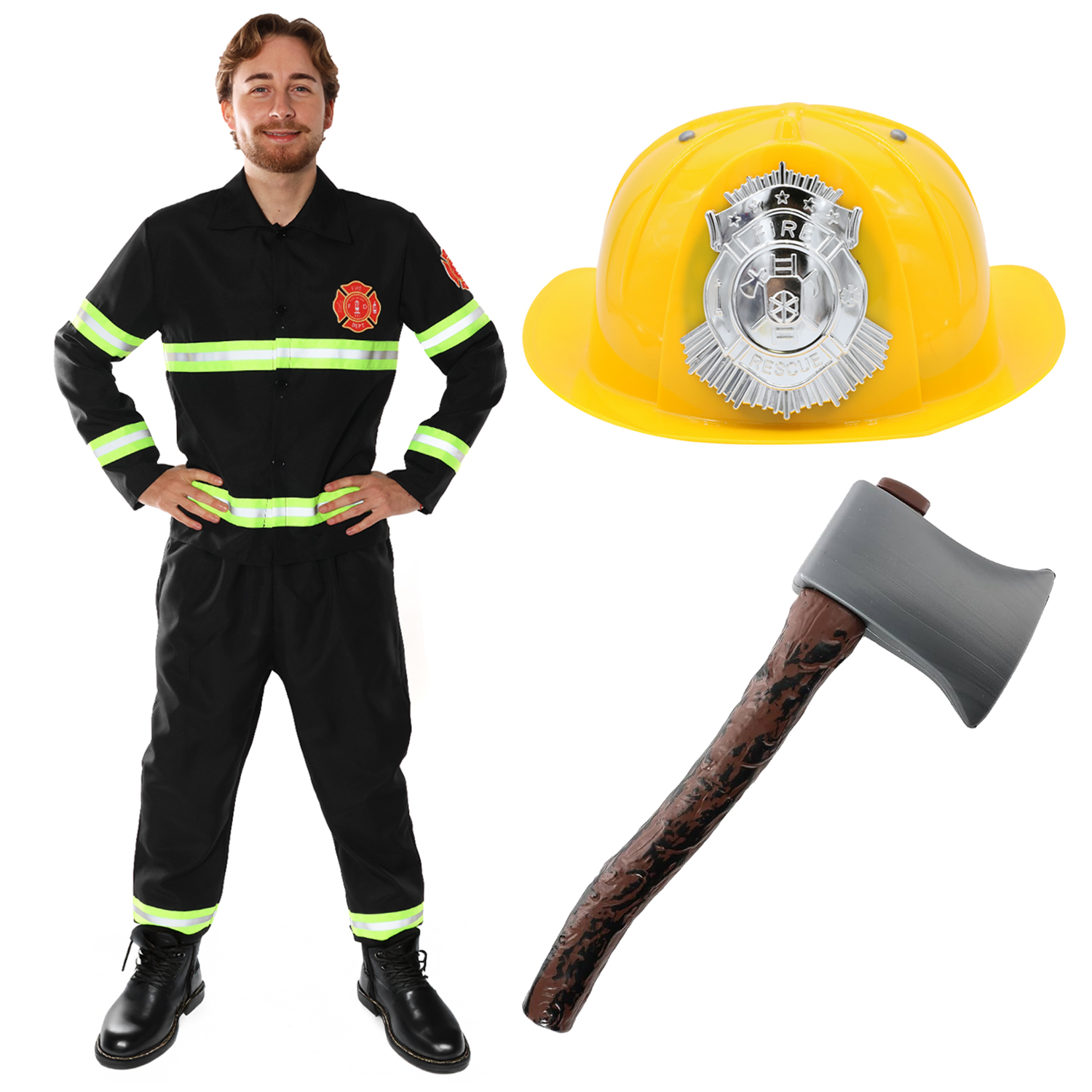 Adults Fireman Costume | 4 Pcs | Top, Trousers, Hat & Axe