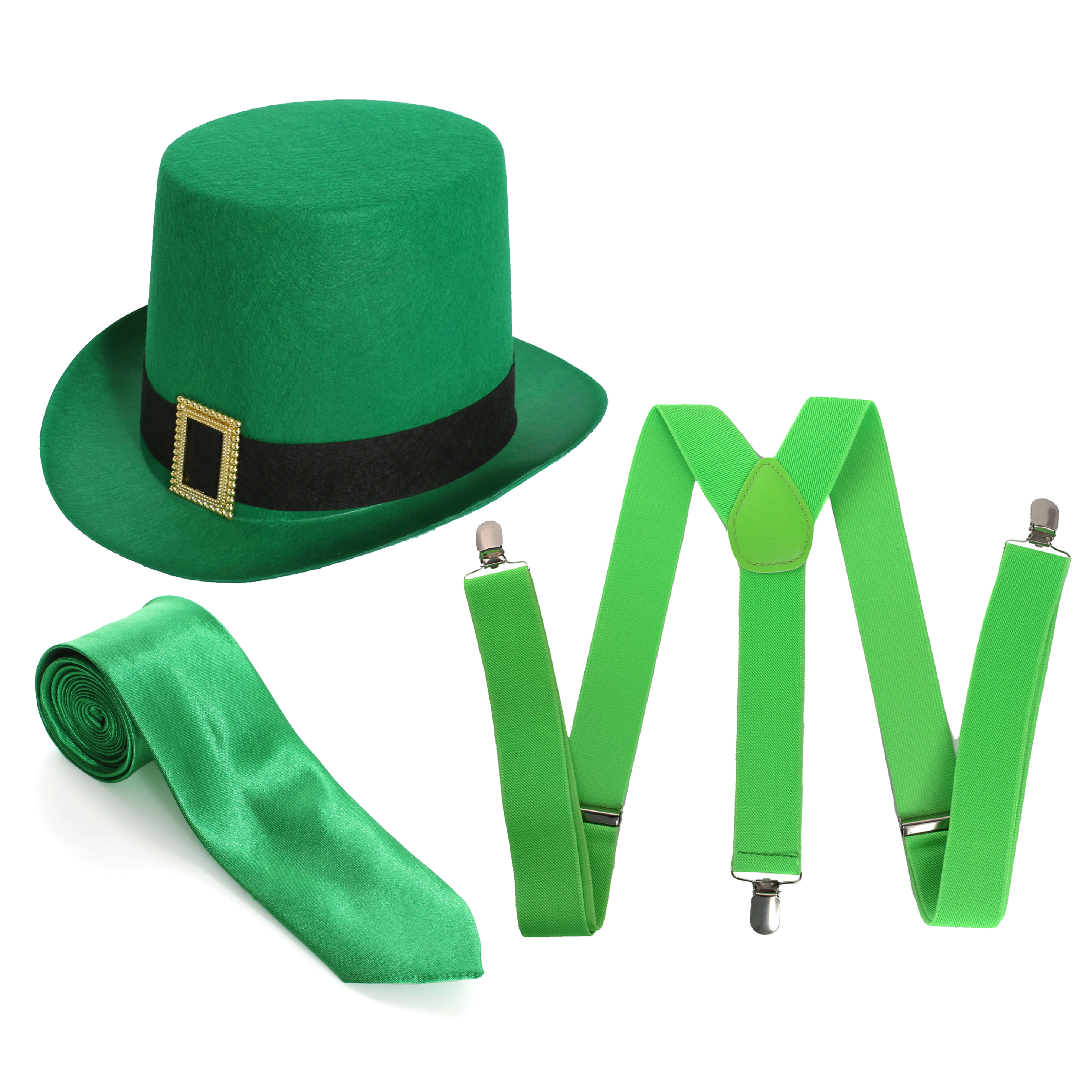 Irish Buckle Top Hat, Green Neck Tie & Braces