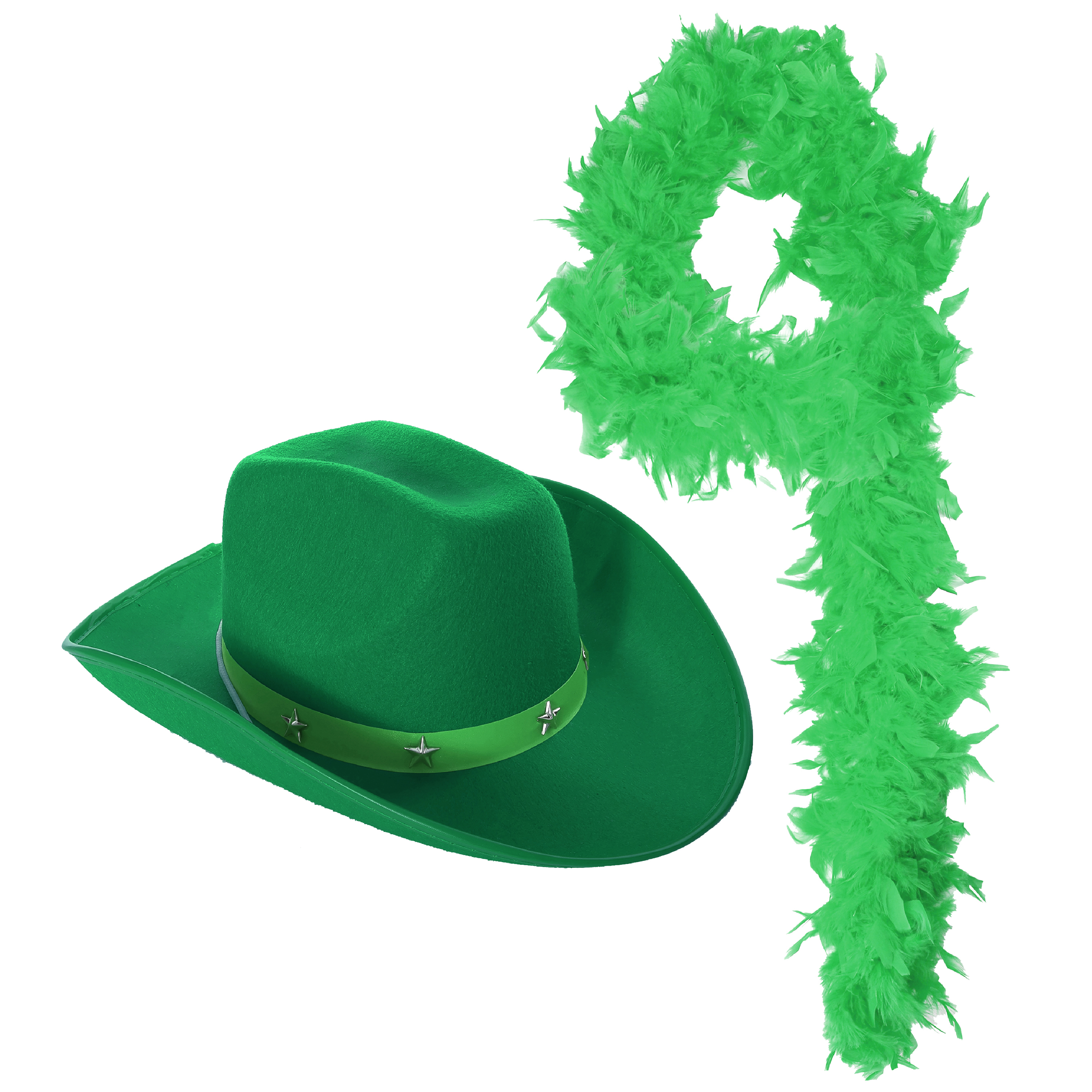 Green Studded Cowboy Hat & Feather Boa