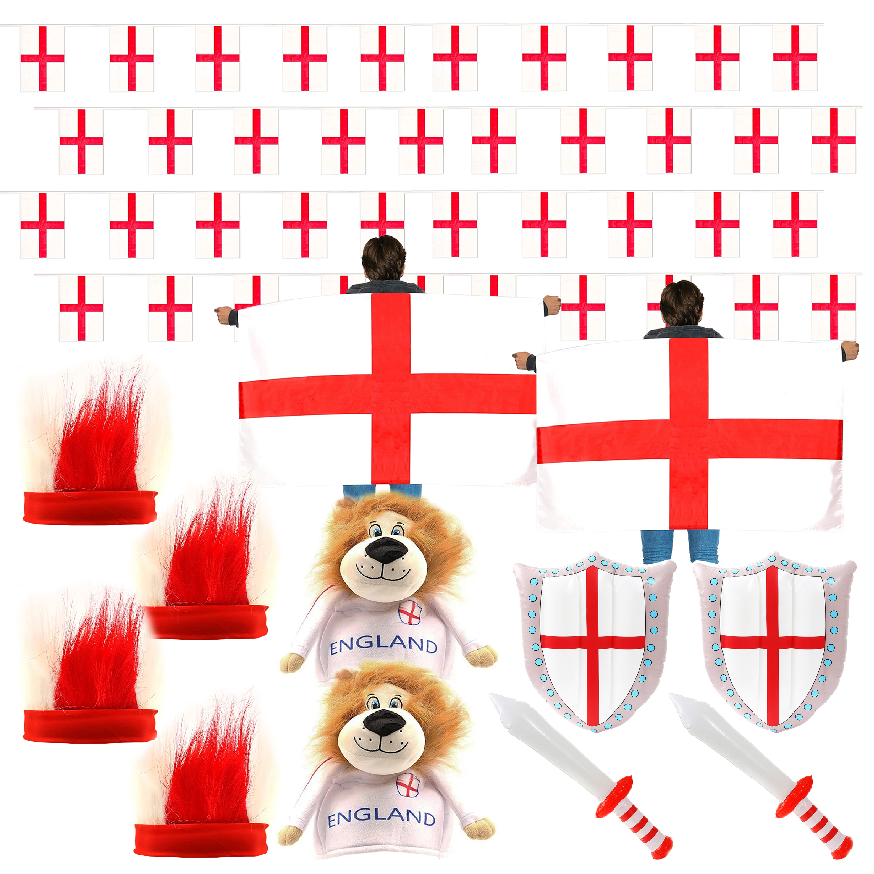12 Piece England Supporters Set - Bunting, Flag Capes, Headbands, Lion Hats & Inflatables