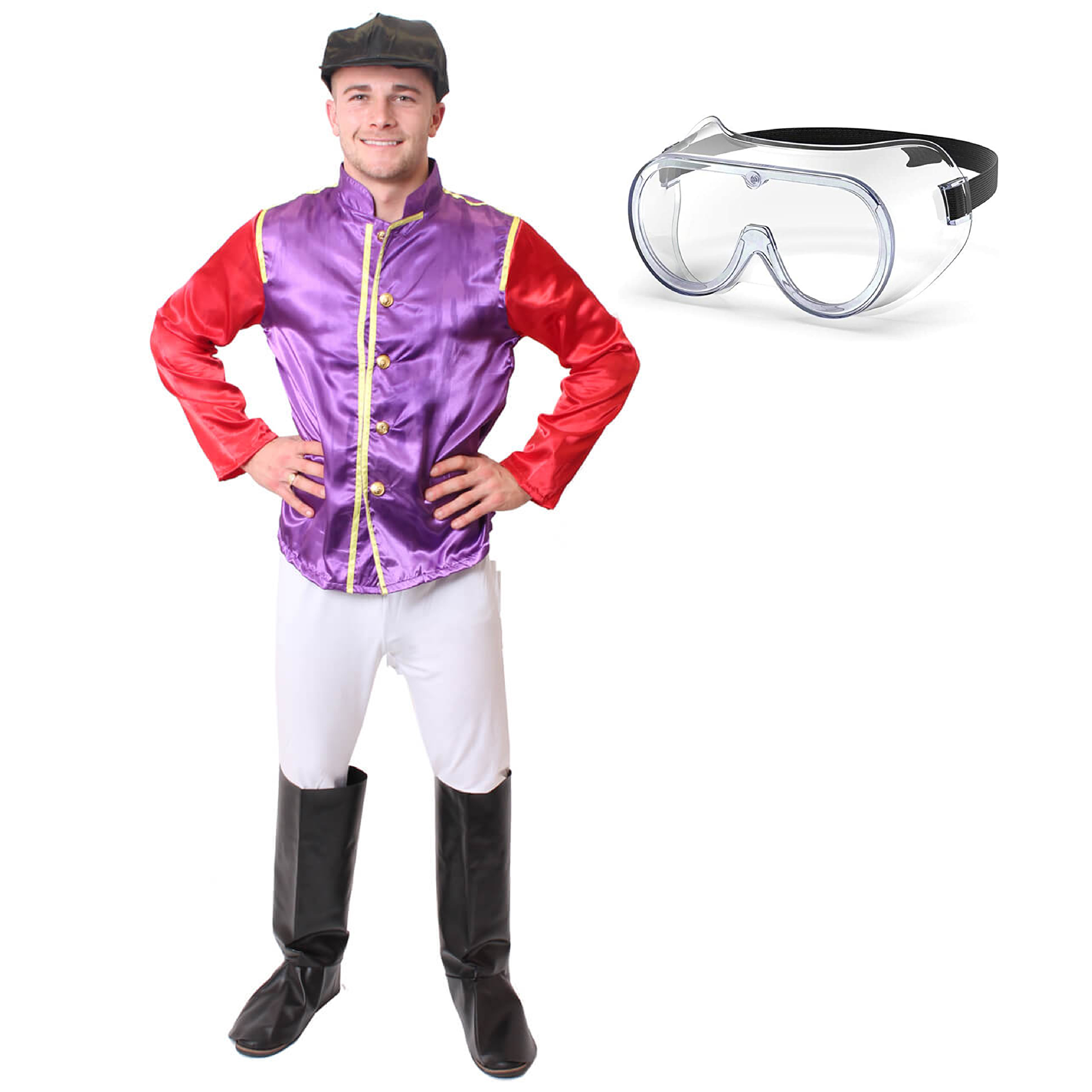 Adults Purple & Red Jockey Costume - with White Trousers, Boot Covers & Clear Goggles