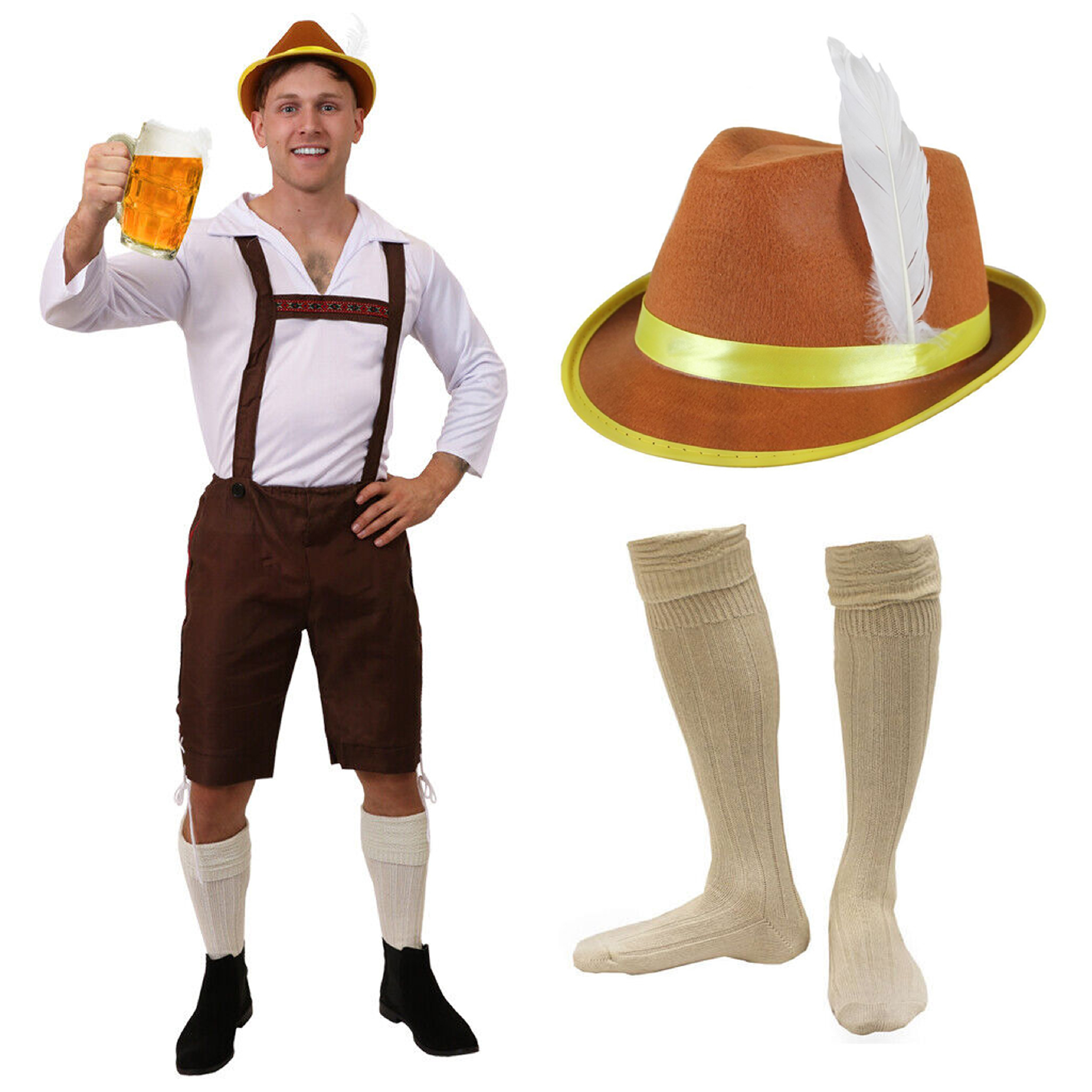 Mens Brown Bavarian Costume - with Brown Hat & Socks