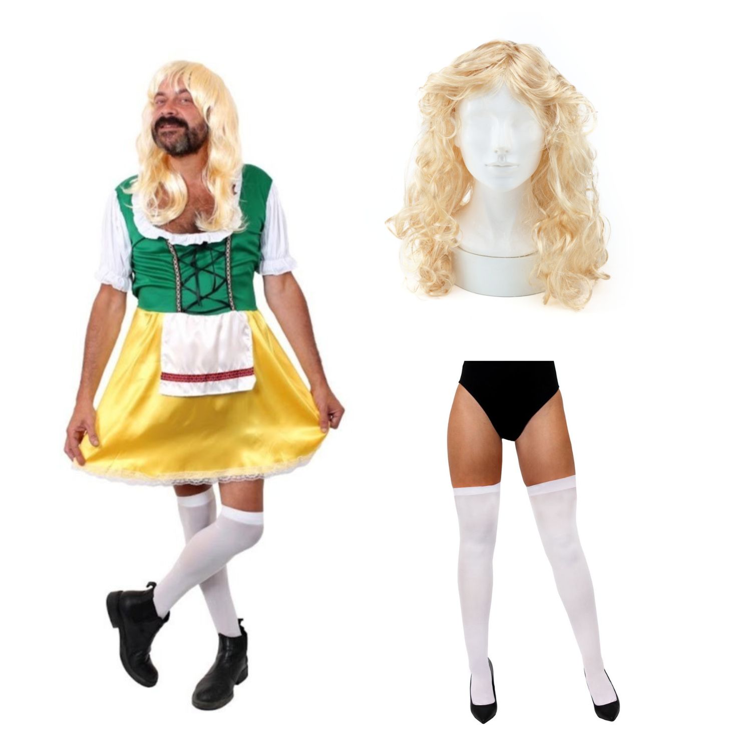 Men's Yellow & Green Bavarian Dress Stag Do Costume Set - Dress, Wig & Stockings