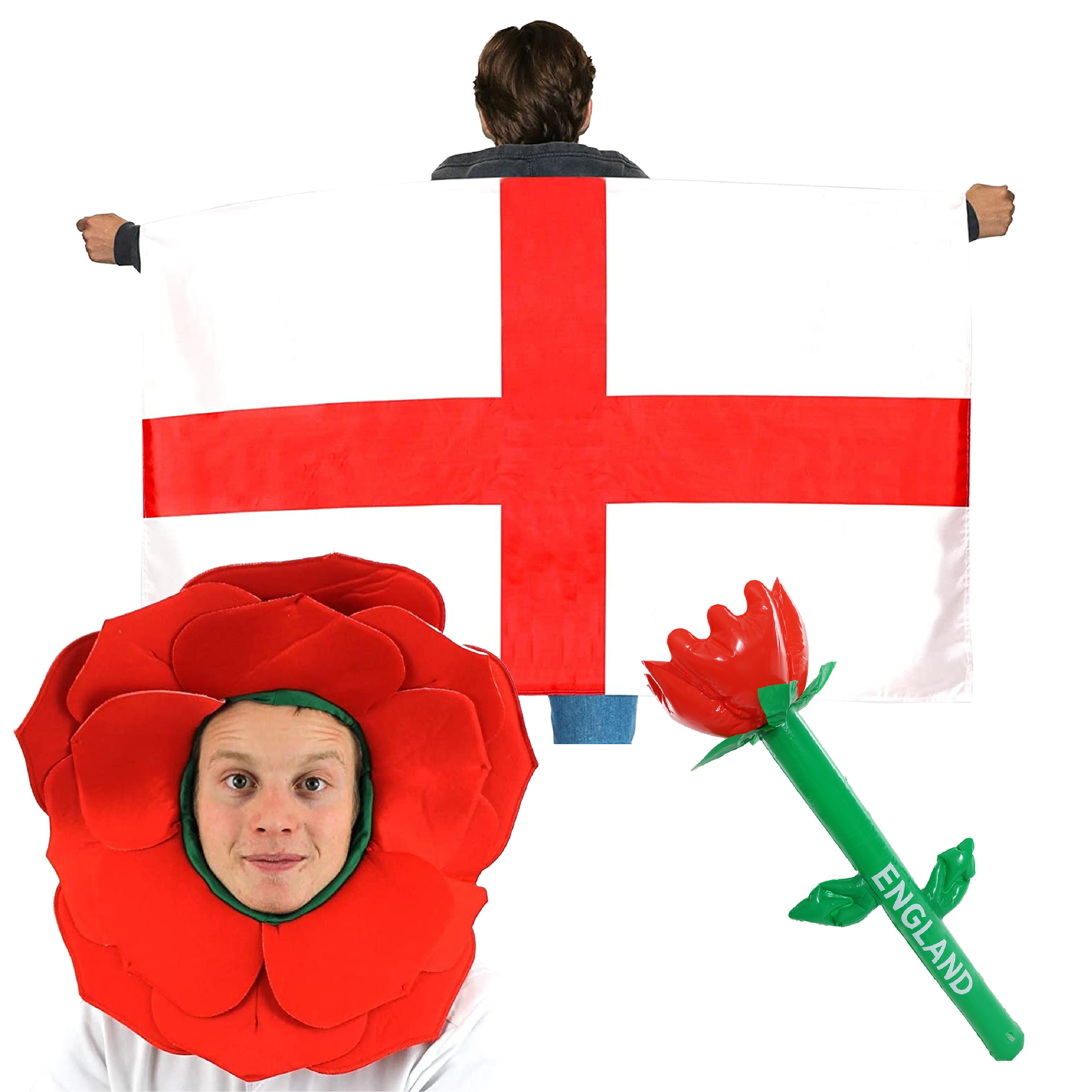 England Flag Cape, Red Inflatable English Rose Flower & Hat