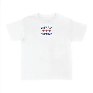 Ladies Pop-Inspired Concert T-Shirt | White Baby Tee | "KISS ALL THE TIME" Red with Stars Print