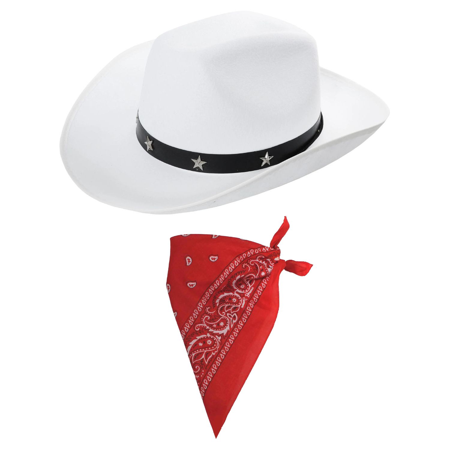 White Star Studded Cowboy Hat & Red Paisley Bandana