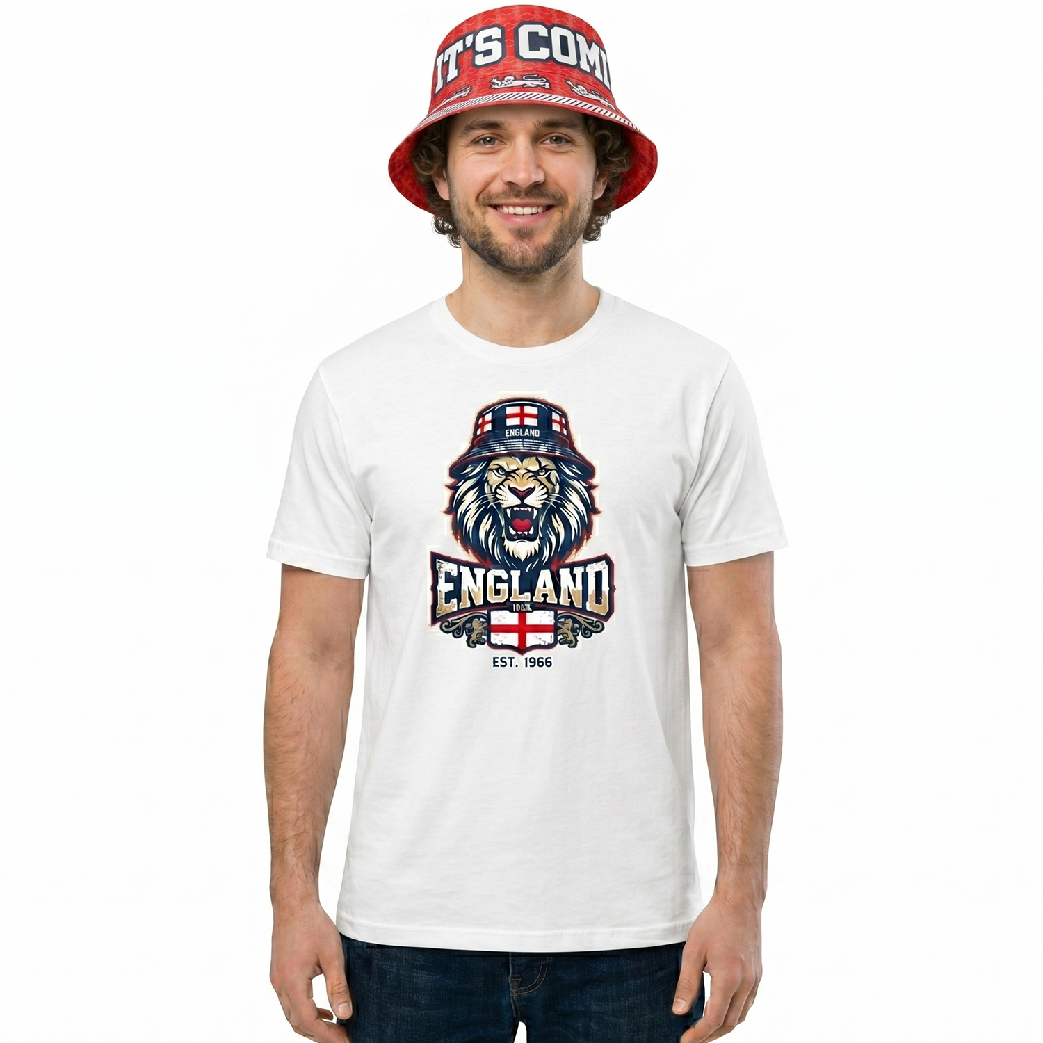 Adults White England Lion Bucket Hat T-Shirt & Bucket Hat Set | Football Supporter Graphic Tee