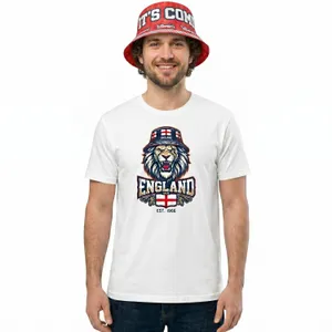 Adults White England Lion Bucket Hat T-Shirt & Bucket Hat Set | Football Supporter Graphic Tee